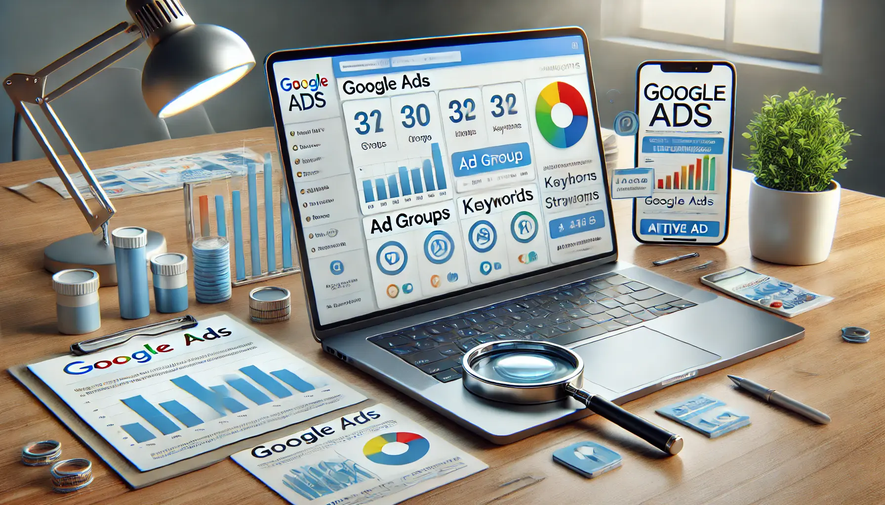 A laptop displaying a Google Ads dashboard with campaign metrics, surrounded by visual elements like a magnifying glass, graph, and smartphone in a modern workspace.