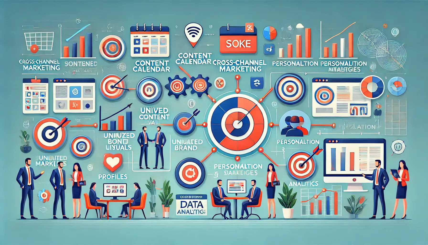 An image showcasing key elements of a successful cross-channel marketing campaign, including synchronized content calendars, unified brand visuals, personalization icons, and centralized data analytics.