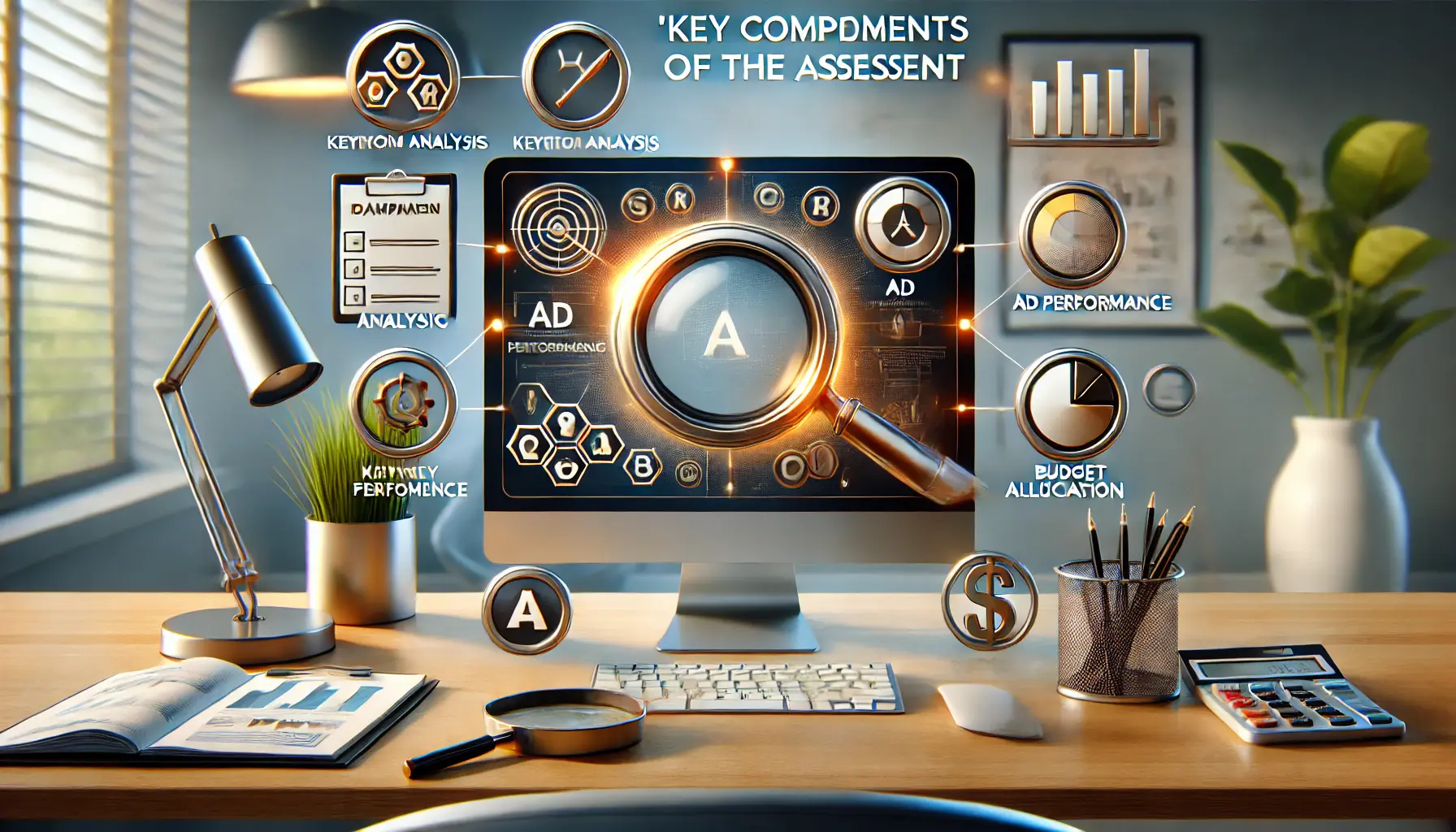 A professional workspace featuring a monitor displaying segmented campaign metrics, with icons representing keyword analysis, performance, and budgeting.