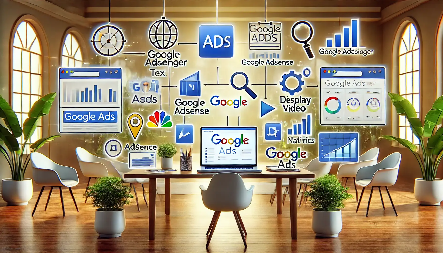 An illustration showing interconnected components of the Google Ads ecosystem, including an ad manager dashboard, ad formats, and analytics tools.