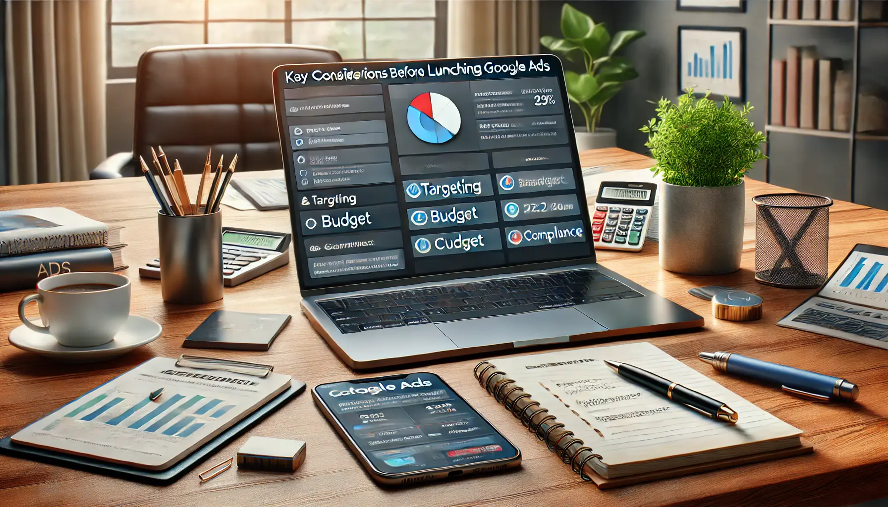 A professional workspace with a laptop displaying Google Ads campaign setup options like targeting, budget, and compliance checklists.