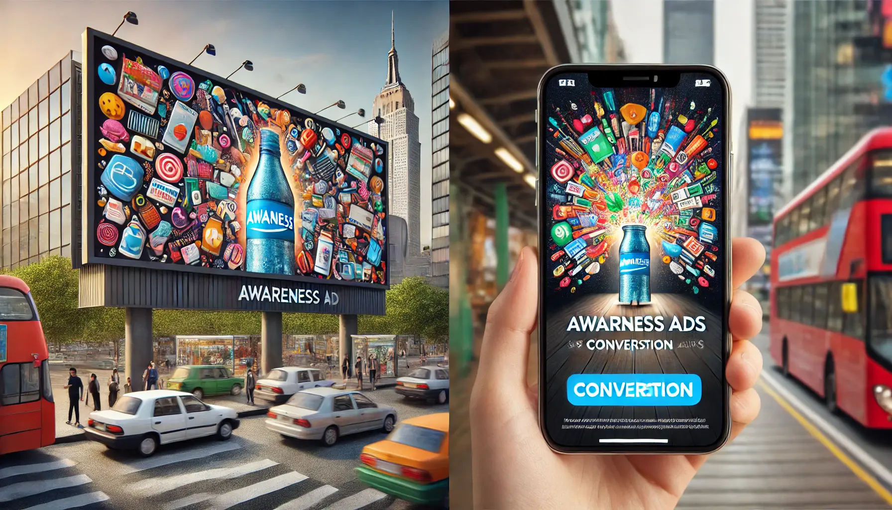 A split-screen image contrasting awareness ads on a billboard and conversion ads on a smartphone, showcasing their different approaches.