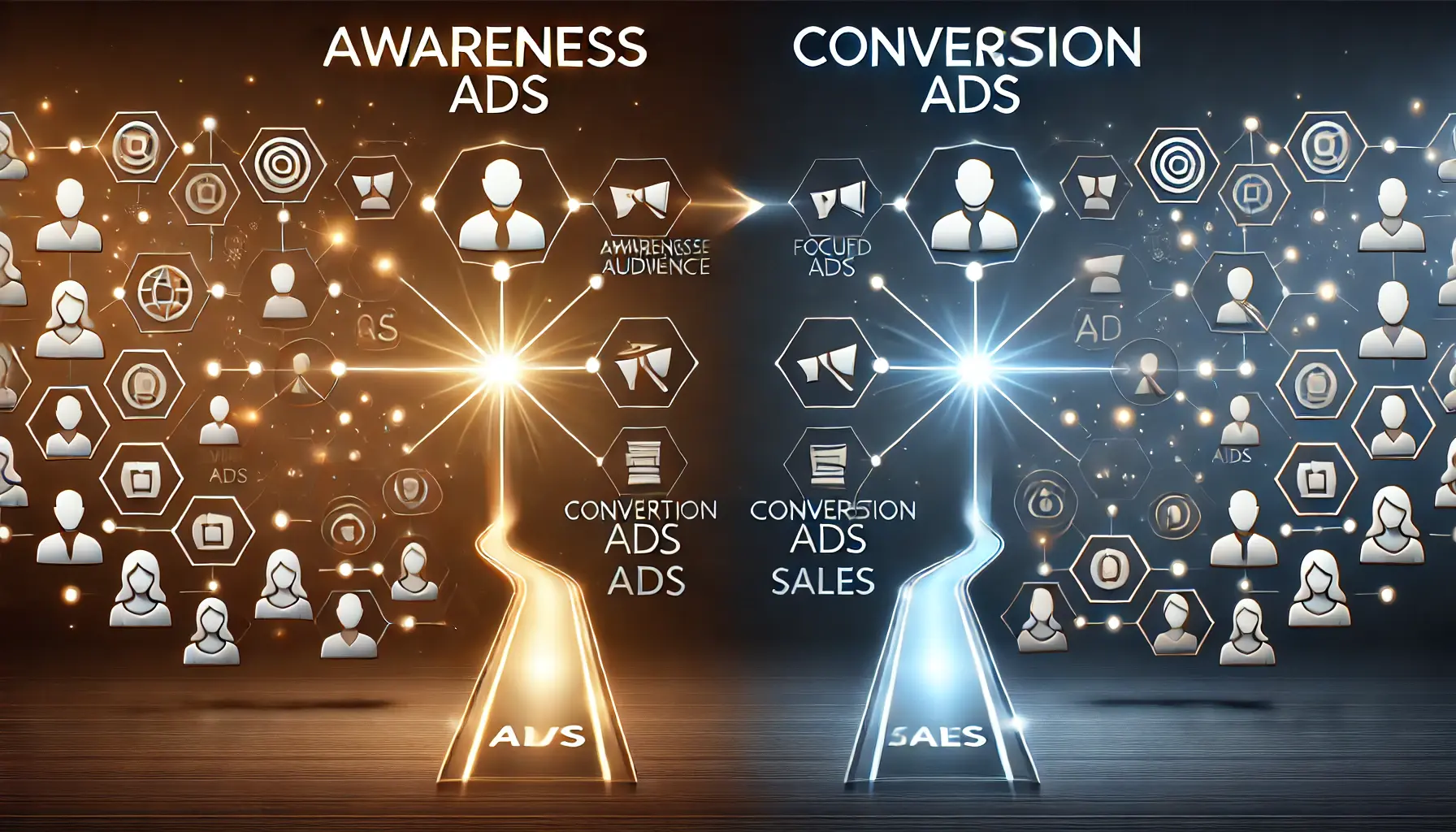 An illustration showing a broad audience network for awareness ads contrasted with a focused pathway leading to a sales icon for conversion-focused ads.