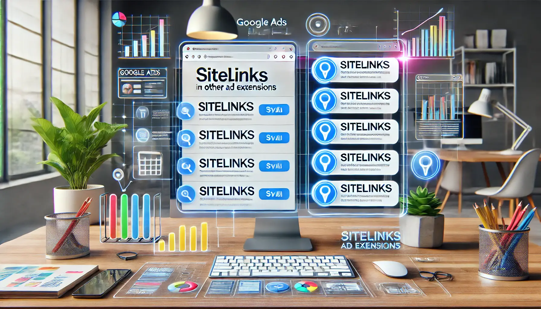 A Google Ads dashboard illustrating an ad with sitelinks and other ad extensions like callouts and structured snippets for comparison.