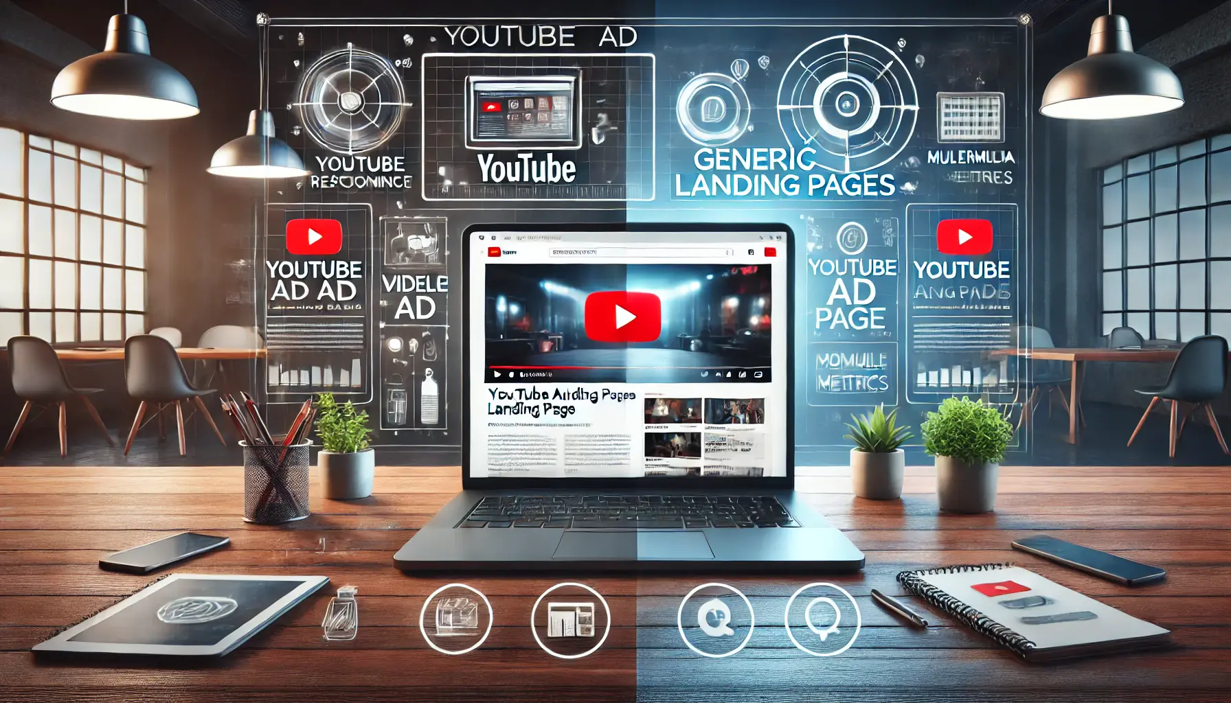 Two laptops side-by-side showing a visually engaging YouTube Ad landing page and a generic web page with icons for responsiveness and multimedia.