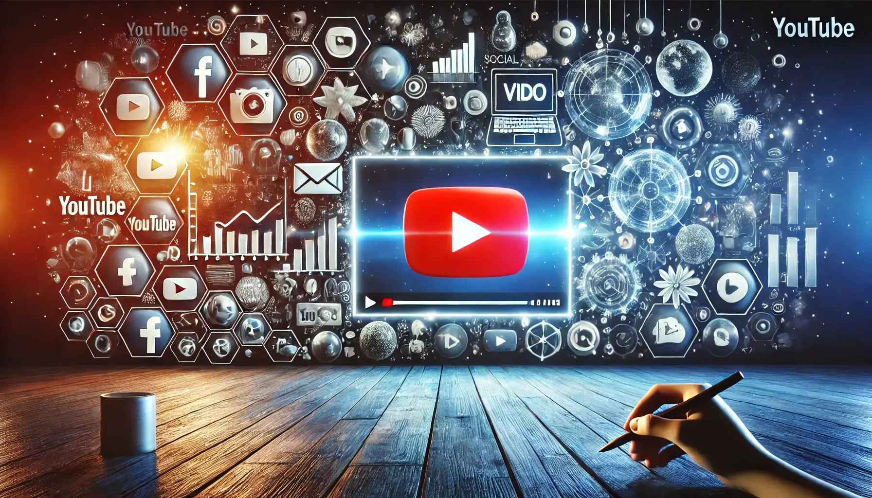 A split-screen image comparing YouTube’s video-centric features with other platforms, highlighting play buttons, video timelines, and contrasting social media icons.