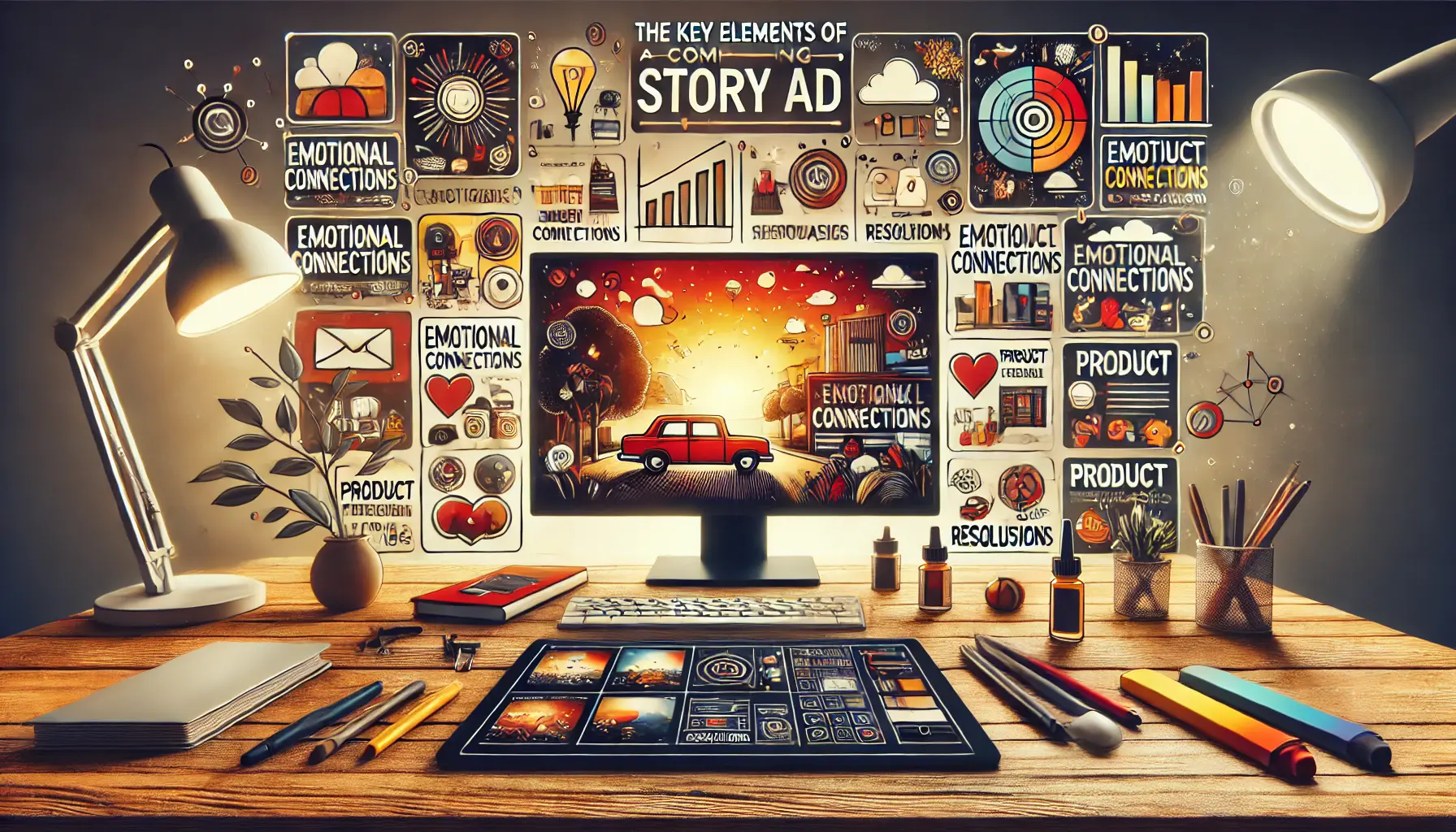 A creative workspace with a large monitor displaying a storyboard and design tools, highlighting storytelling elements like emotions and product showcases.