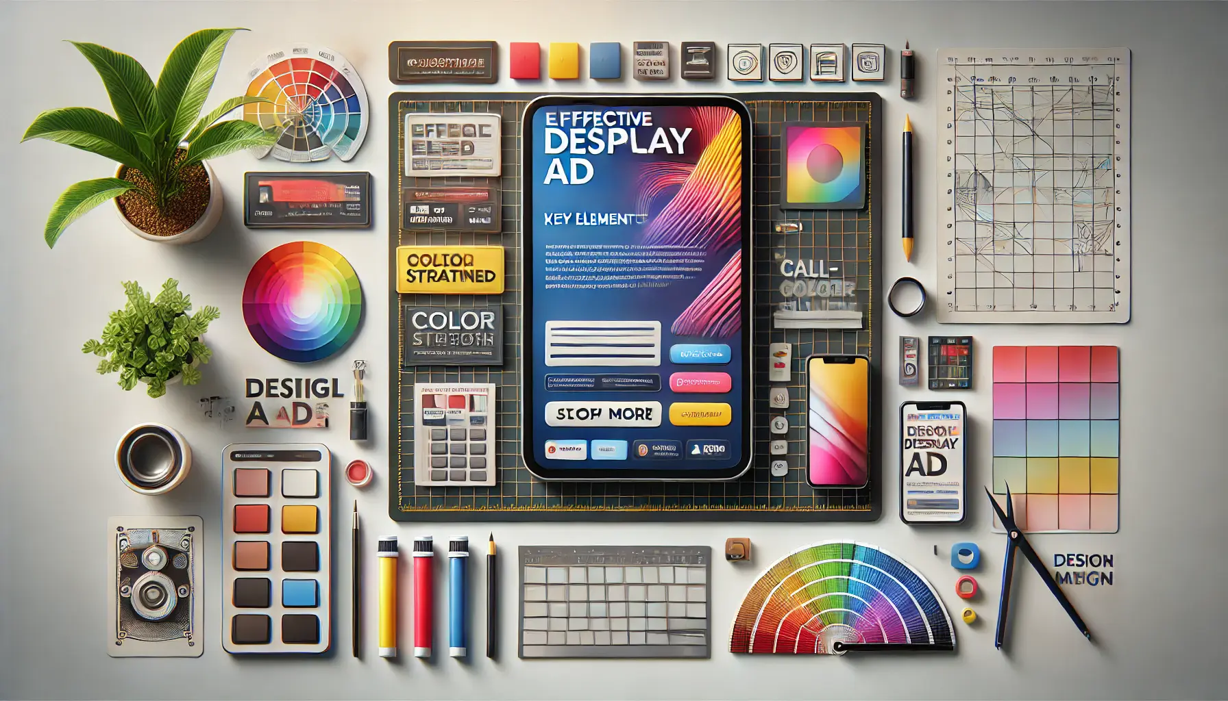 A digital screen displaying a structured ad layout with vivid colors, branding elements, and a call-to-action button surrounded by creative design tools and icons.