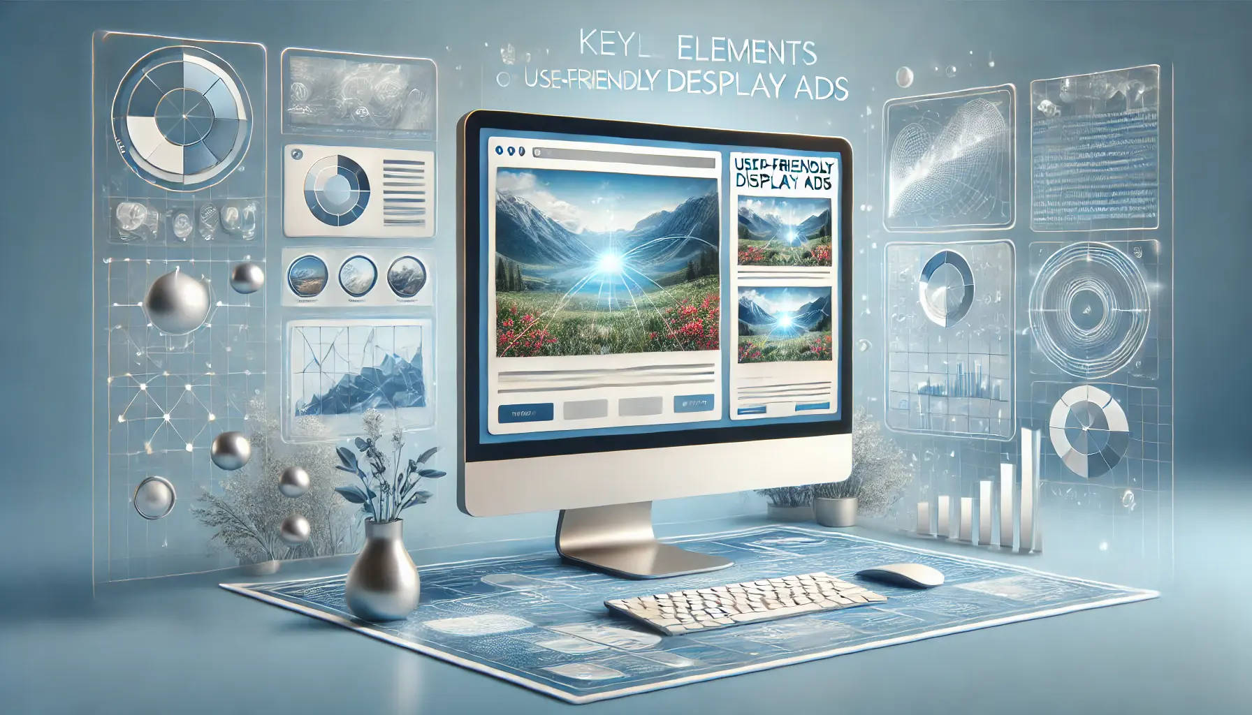 Image showing a computer screen displaying a well-designed ad with clean visuals, attractive images, and a clear call-to-action, set against an abstract digital background.