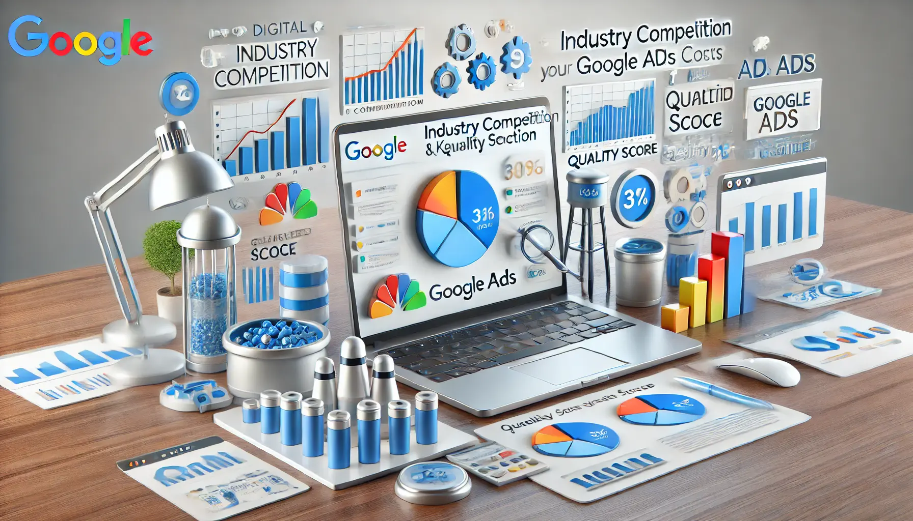 A digital marketing workspace featuring a laptop with visual representations of industry competition, keyword selection, and Quality Score, along with graphs and charts.