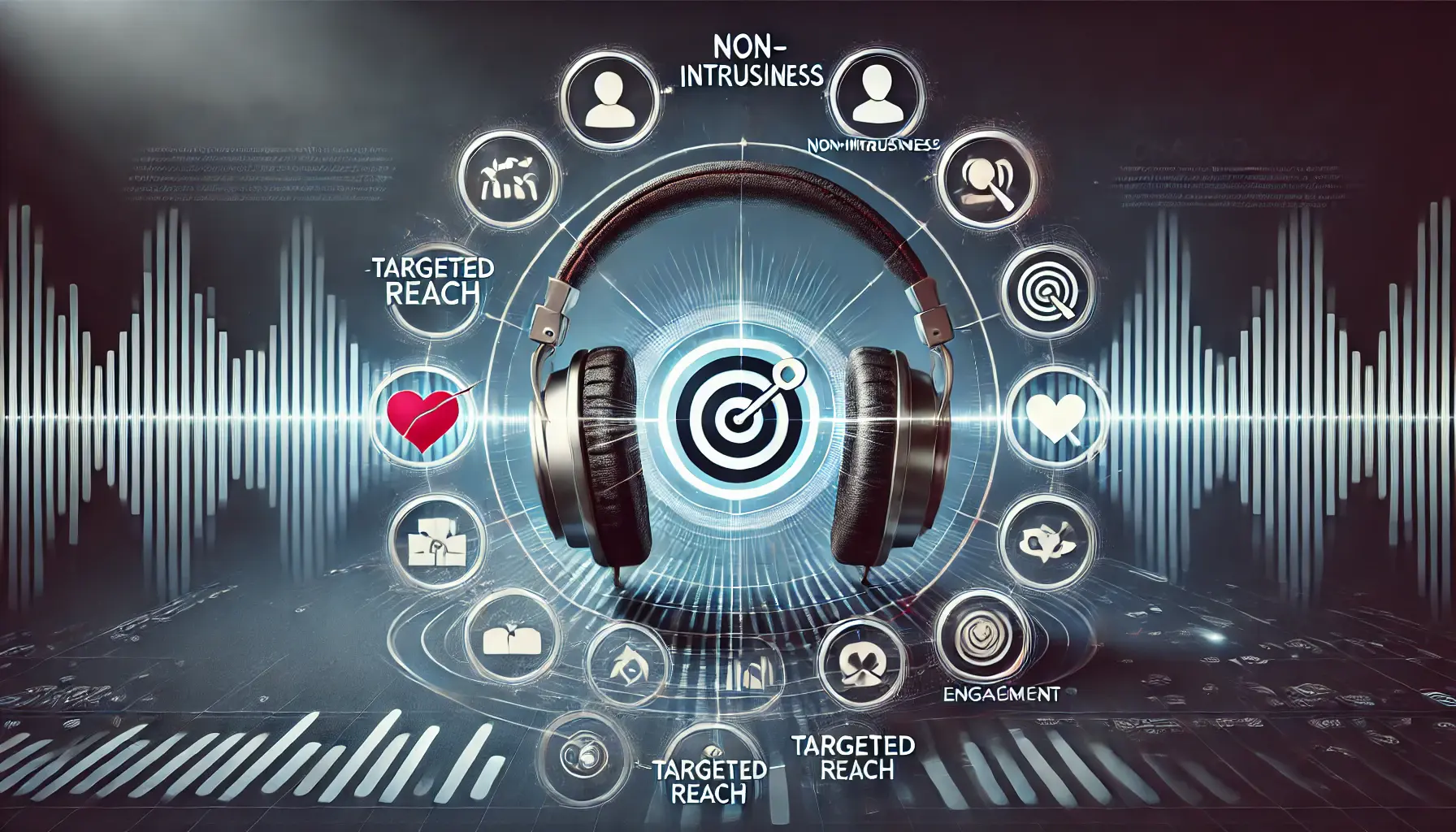 A digital illustration of headphones emitting soundwaves surrounded by icons symbolizing non-intrusiveness, targeted reach, and engagement in audio-only ads.