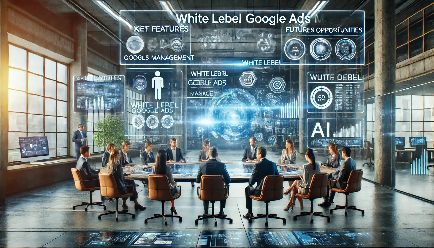 A team discussing key features and future opportunities of White Label Google Ads Management in a futuristic office setting.