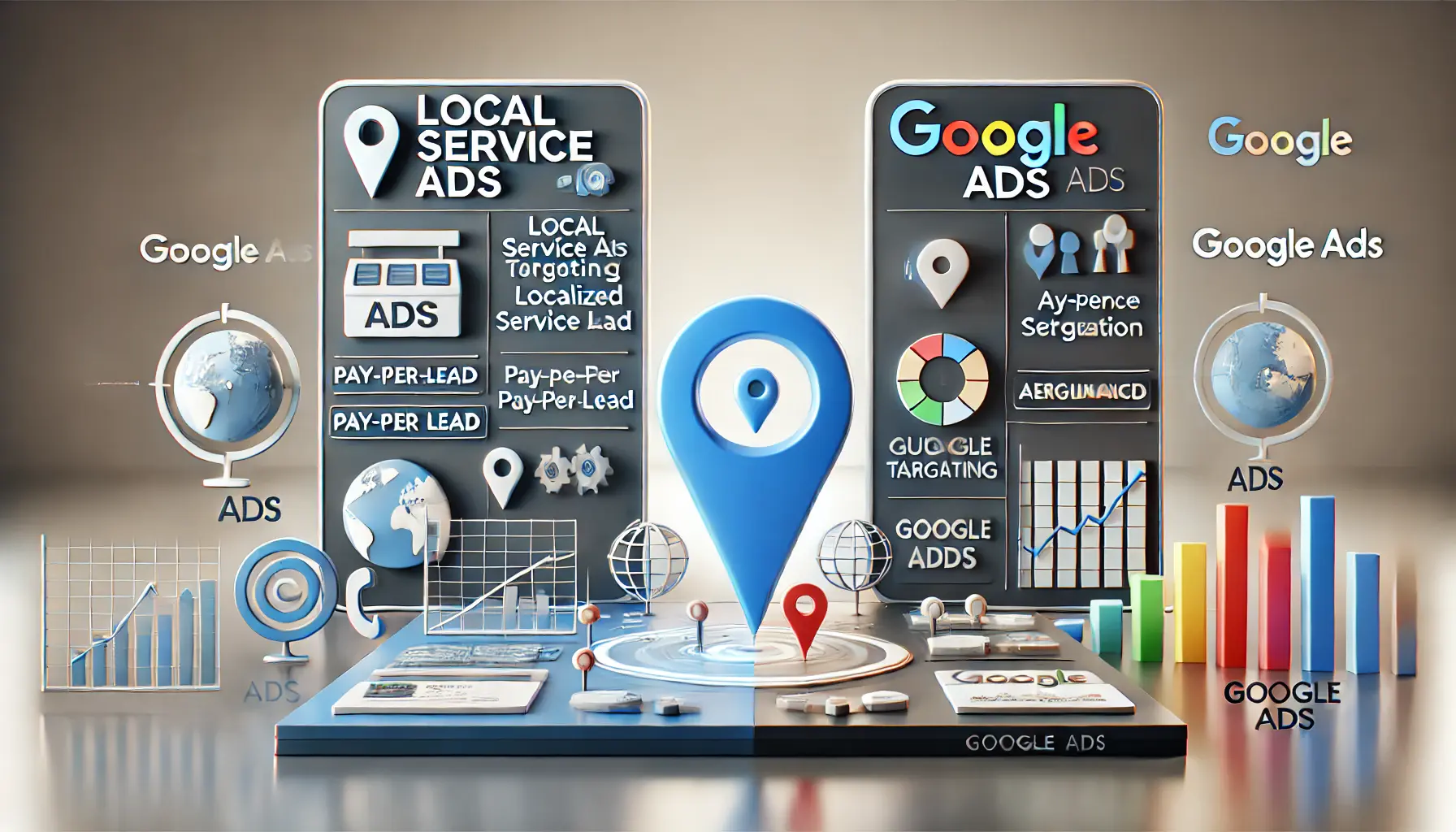 A comparative visualization of Local Service Ads and Google Ads, showing their key features with icons and thematic elements.