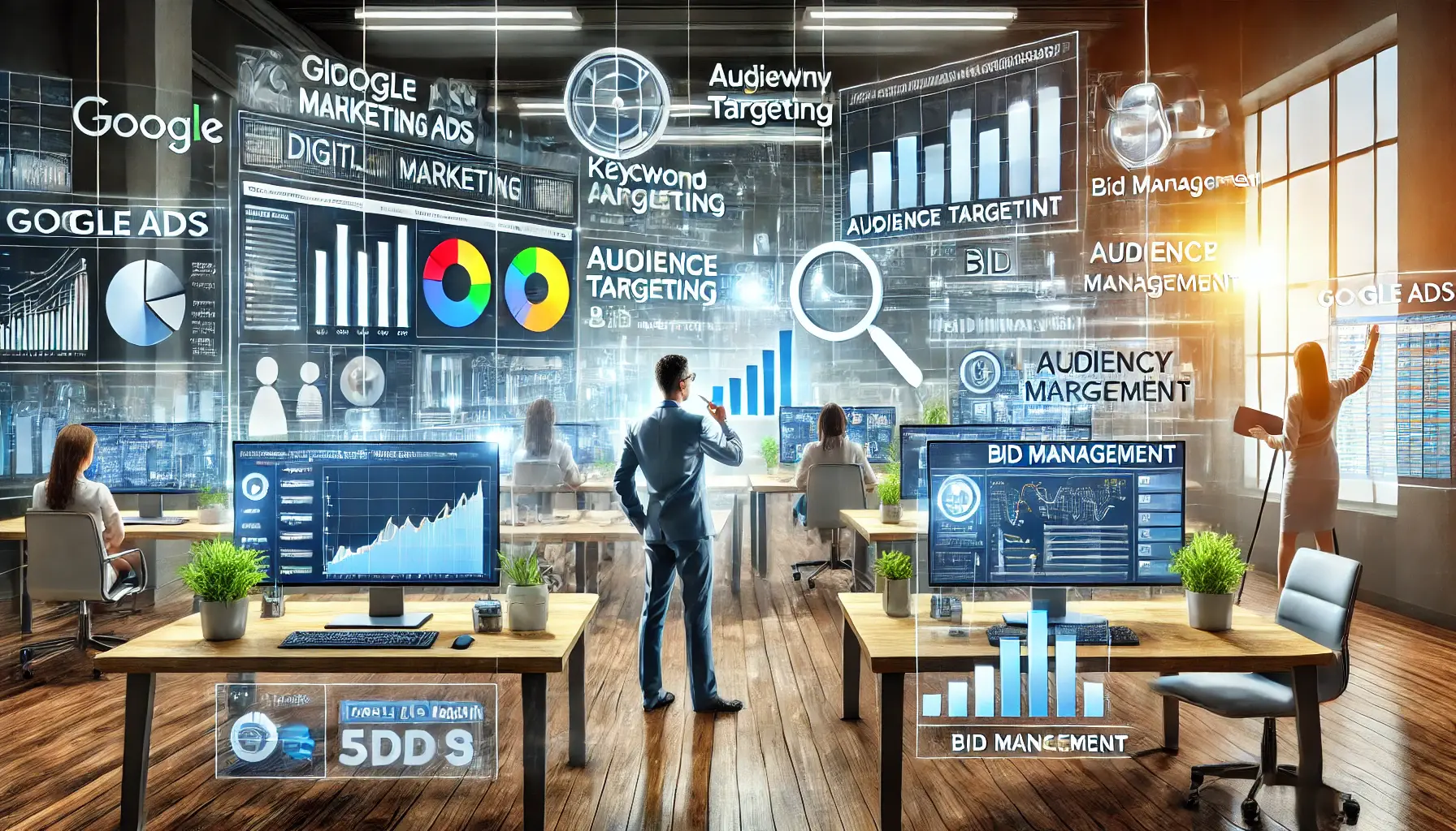 A digital marketer analyzing campaign performance data on multiple monitors, with charts and graphs representing the key features of Google Ads Management Services.