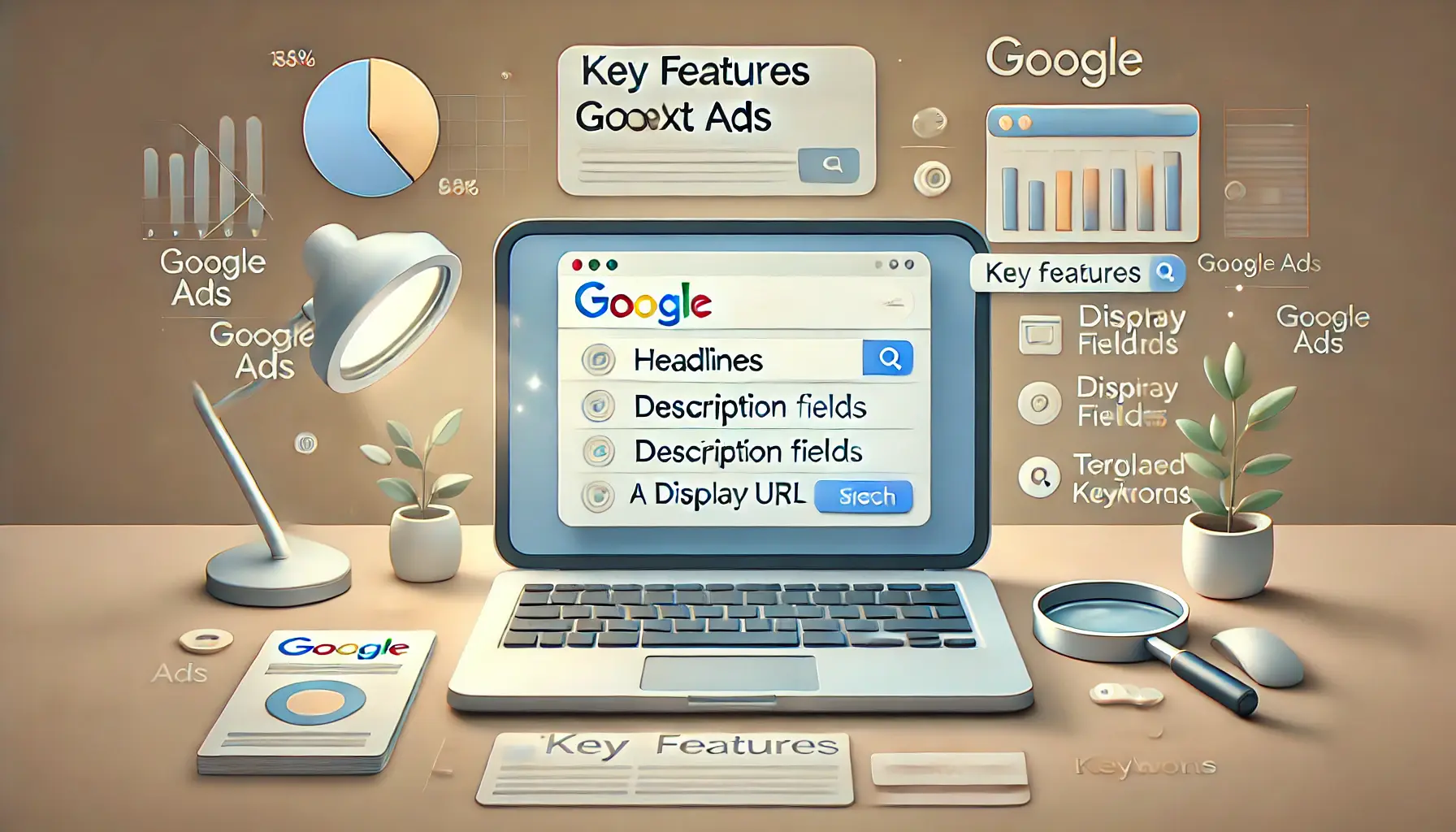 A laptop screen showing a Google Ads dashboard highlighting key features like headlines, descriptions, and display URL, surrounded by digital marketing icons.