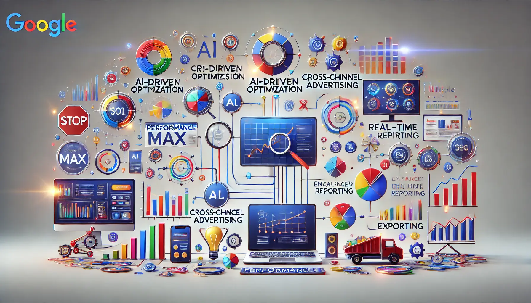 A visual representation of the key features of Performance Max campaigns, showcasing AI-driven optimization, cross-channel advertising, real-time bidding, and enhanced reporting.