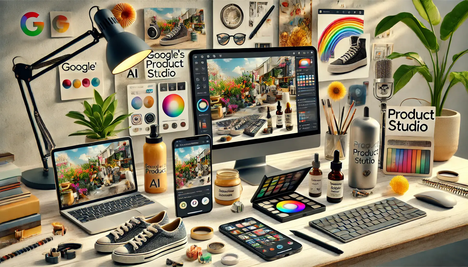 A workspace with multiple devices displaying AI-enhanced product visuals, including seasonal overlays and background adjustments.