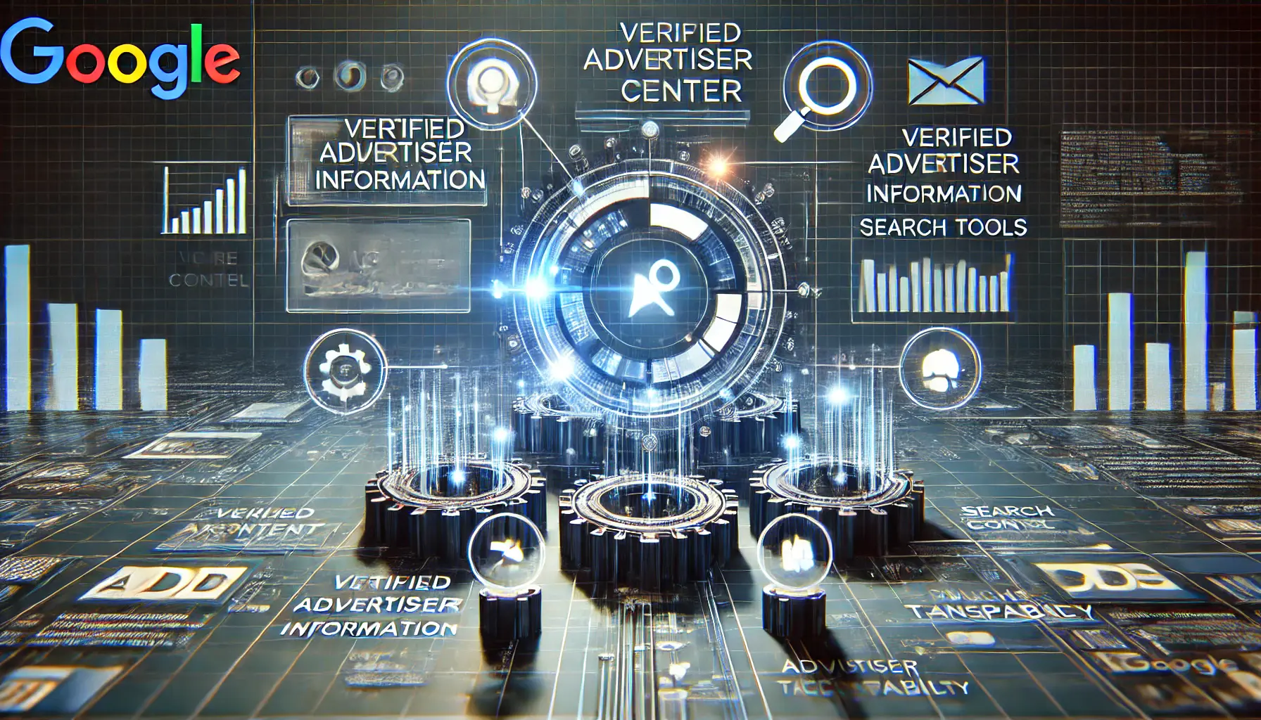 A conceptual visualization of key features in the Ad Transparency Center, highlighting transparency, user control, and advertiser accountability.