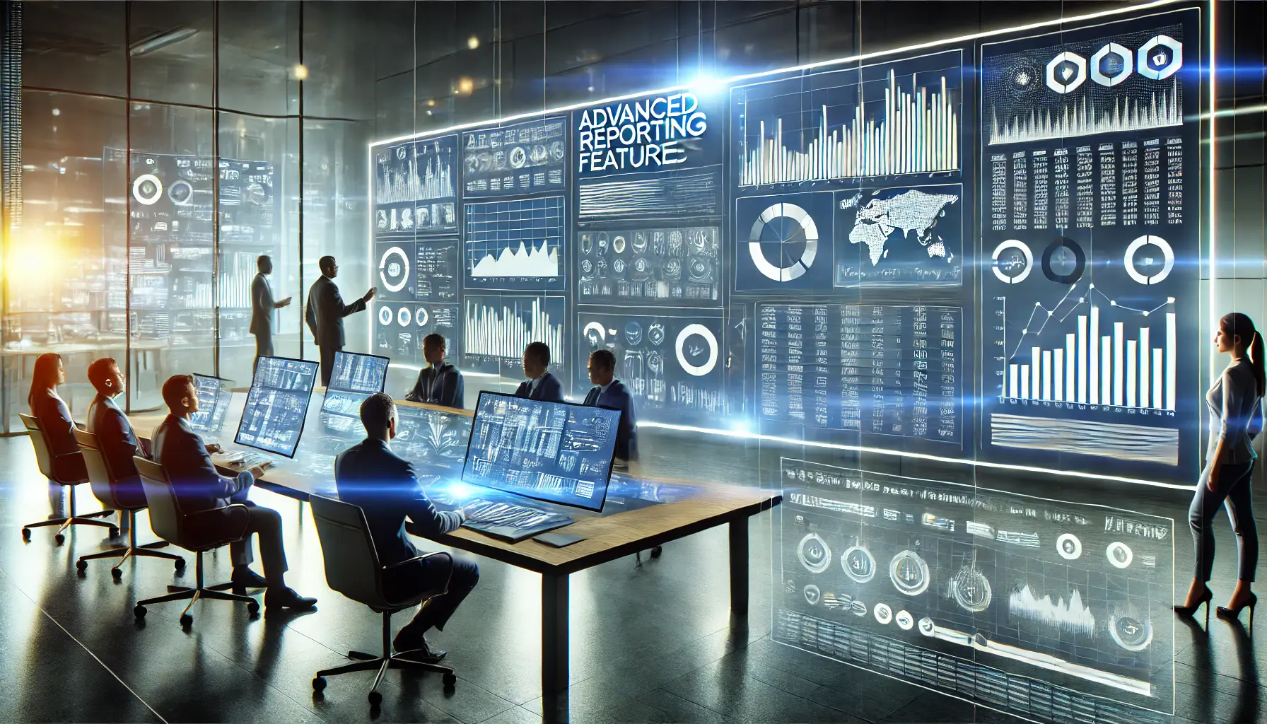 A modern digital workspace with professionals reviewing advanced analytics, including graphs and performance metrics, in a high-tech environment.