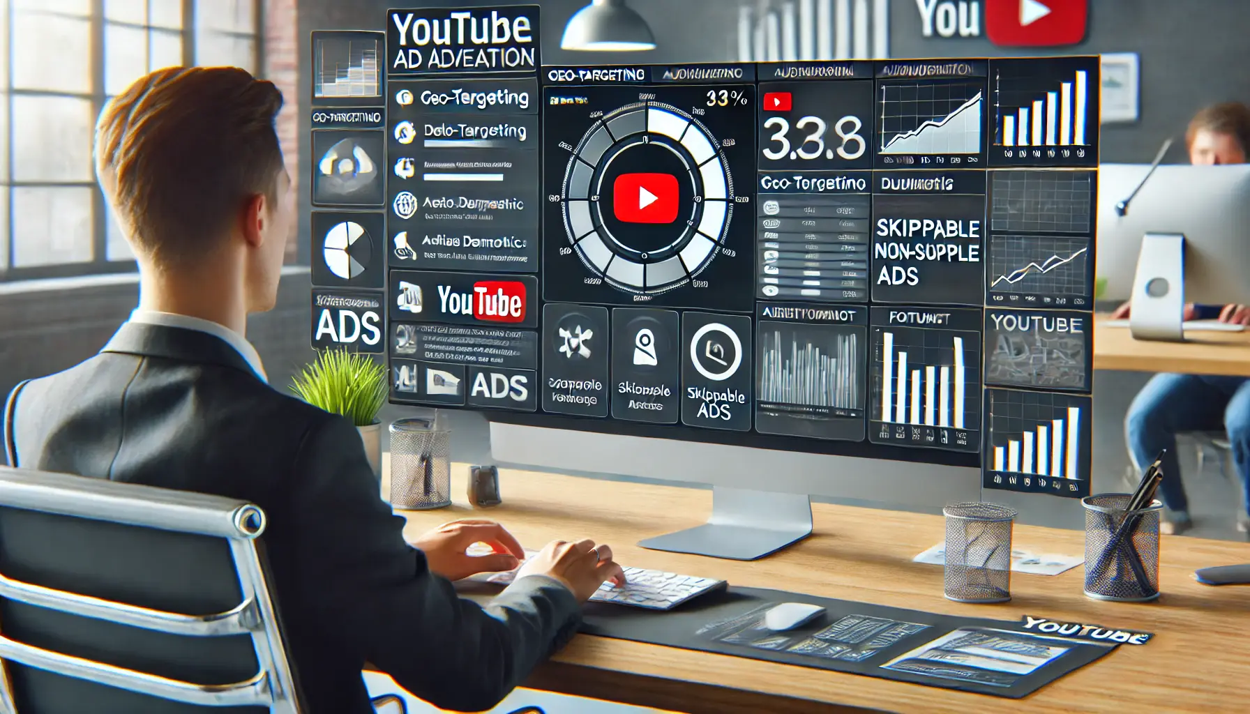 A digital marketing professional navigating YouTube's ad creation interface, with features like geo-targeting, audience demographic filters, and ad format options displayed on the screen.