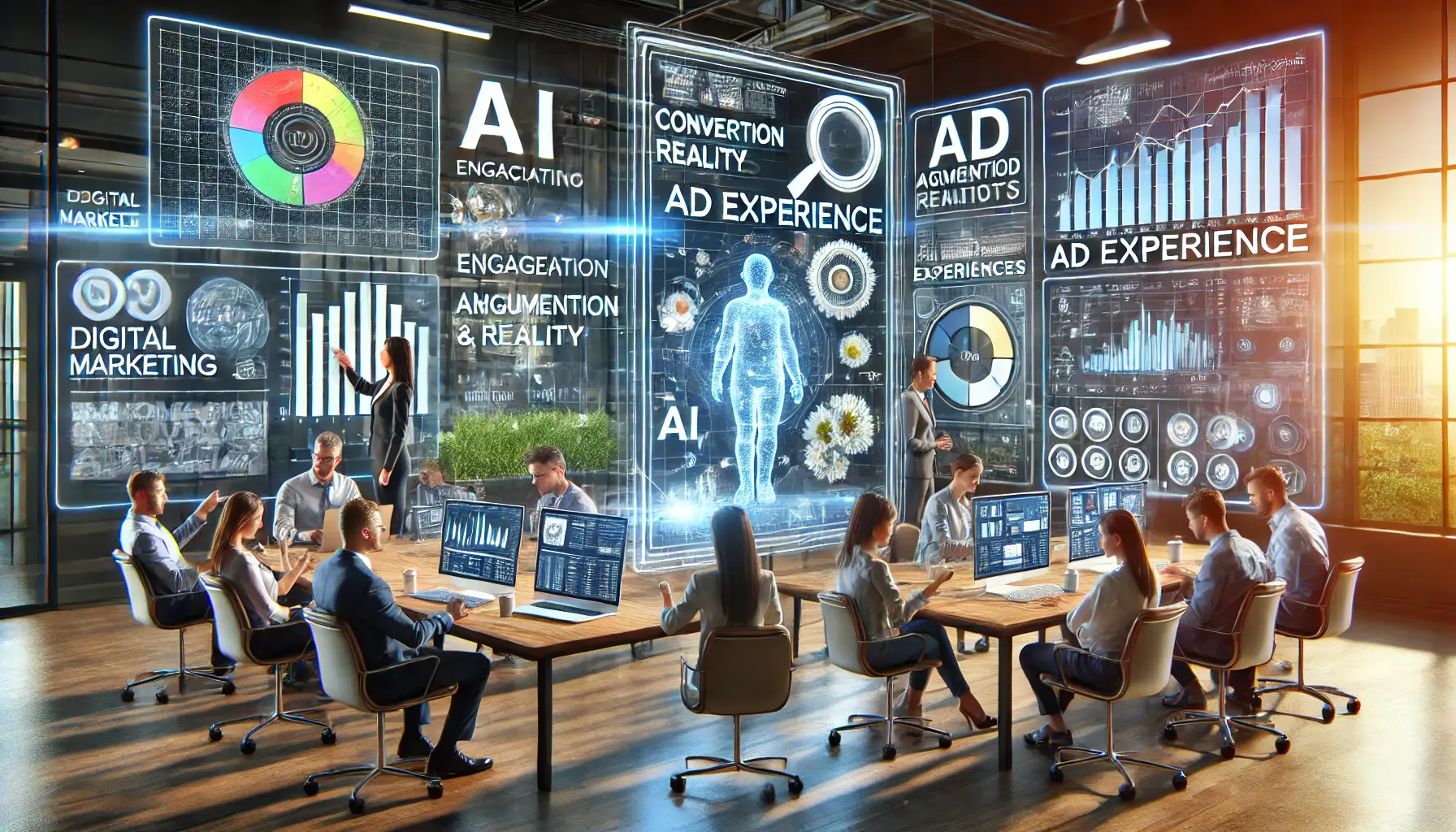 A modern digital marketing workspace highlighting key ad experience innovations, featuring AI, AR, and data analytics tools.