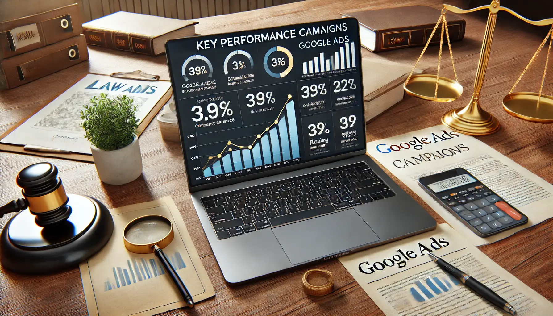 A modern law office desk with a laptop displaying performance metrics and charts, with legal documents, a gavel, a smartphone, and a cup of coffee nearby.