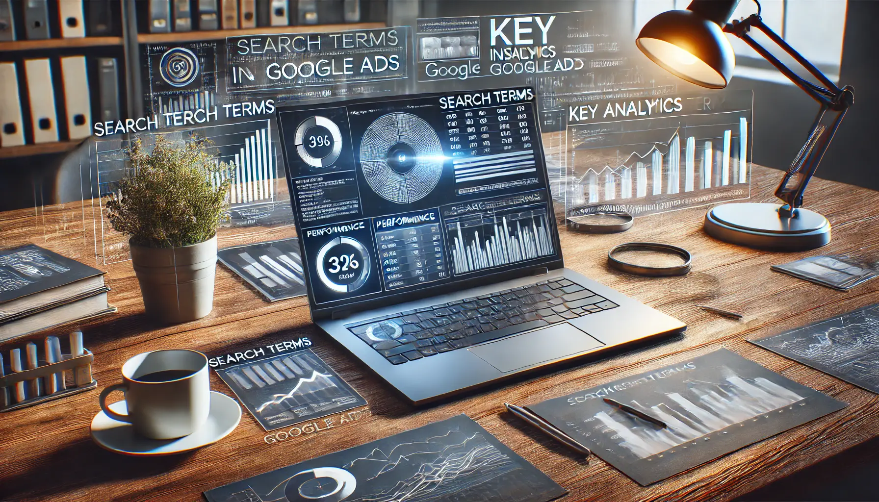 A digital marketing workspace showing a laptop displaying search term data and performance metrics, with charts and graphs for key insights.