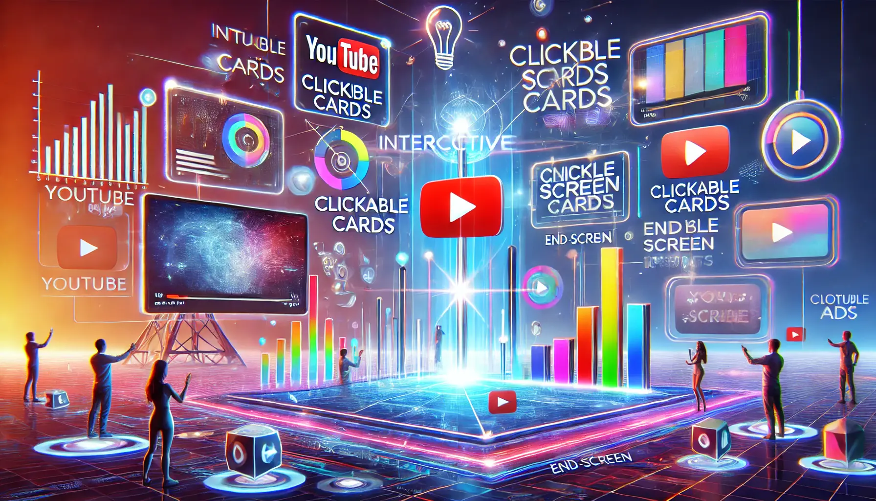 A futuristic screen showcasing interactive elements like clickable cards and poll features in YouTube ads, with vibrant digital overlays symbolizing engagement.