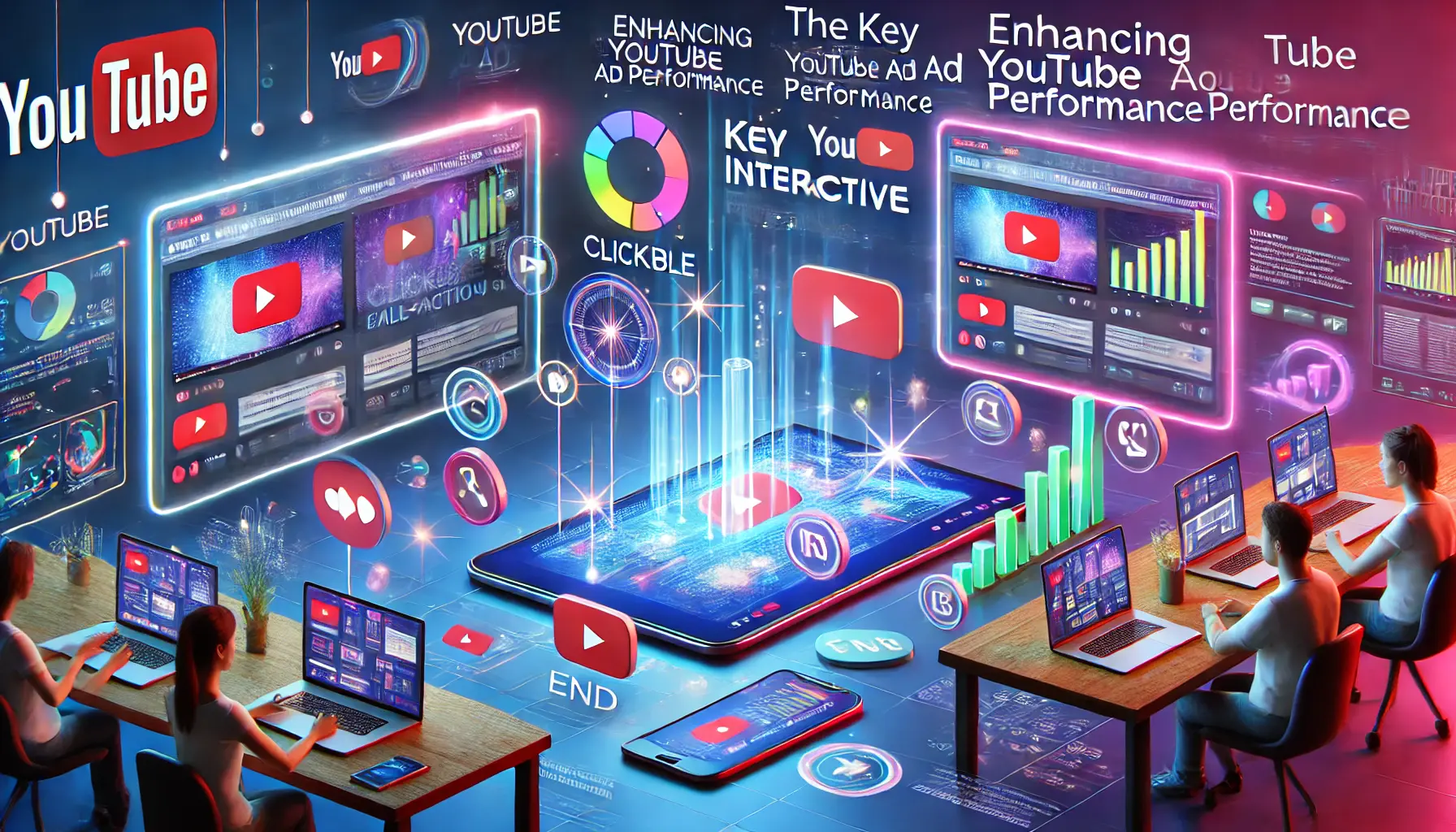 A digital interface showcasing YouTube ad elements like call-to-action buttons, end screens, and interactive polls, surrounded by analytical charts and users engaging with devices.