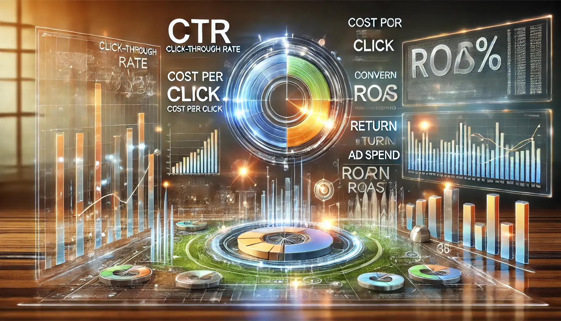 Digital visualization of key marketing metrics with graphs and indicators representing CTR, CPC, Conversion Rate, and ROAS.