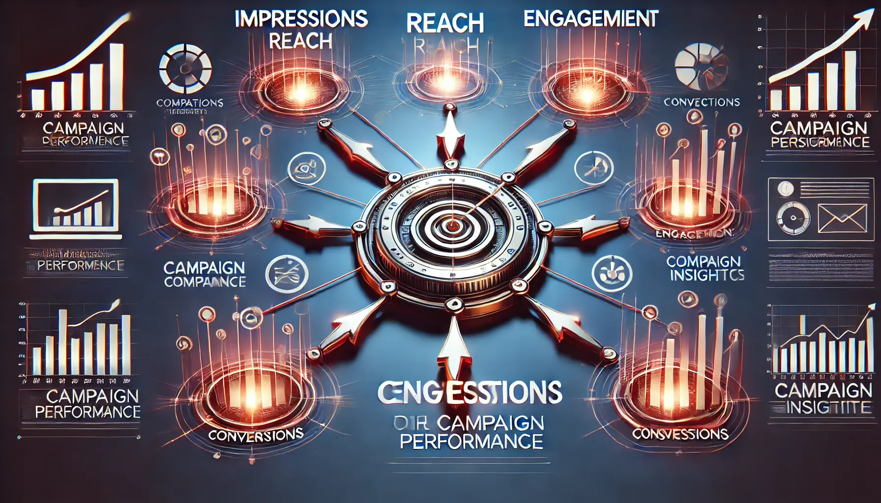 An illustration showing key metrics like impressions, reach, engagement, and conversions, connected to a central hub representing campaign insights.