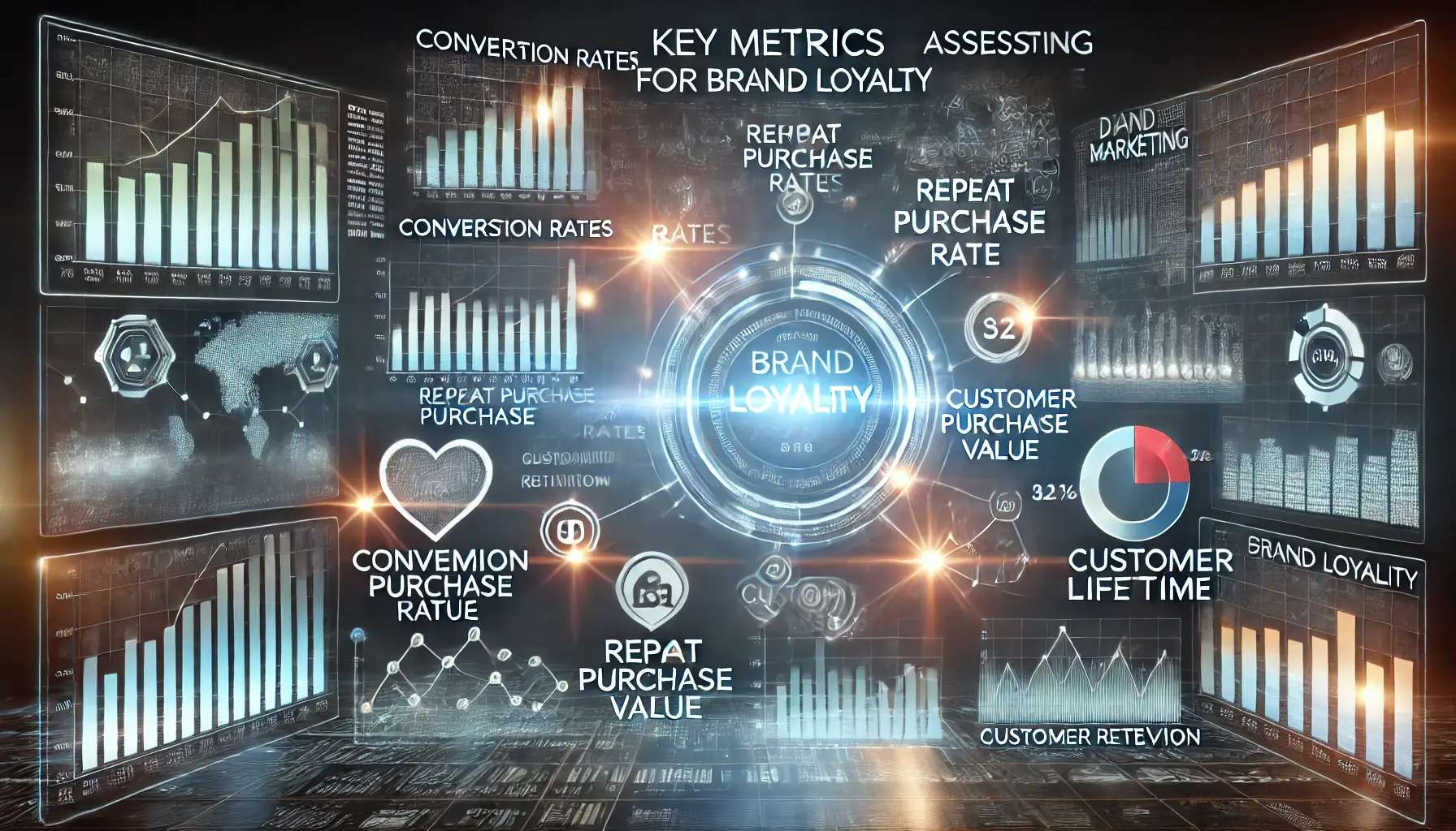 Illustration of key brand loyalty metrics with digital dashboard elements like graphs, progress bars, and pie charts.