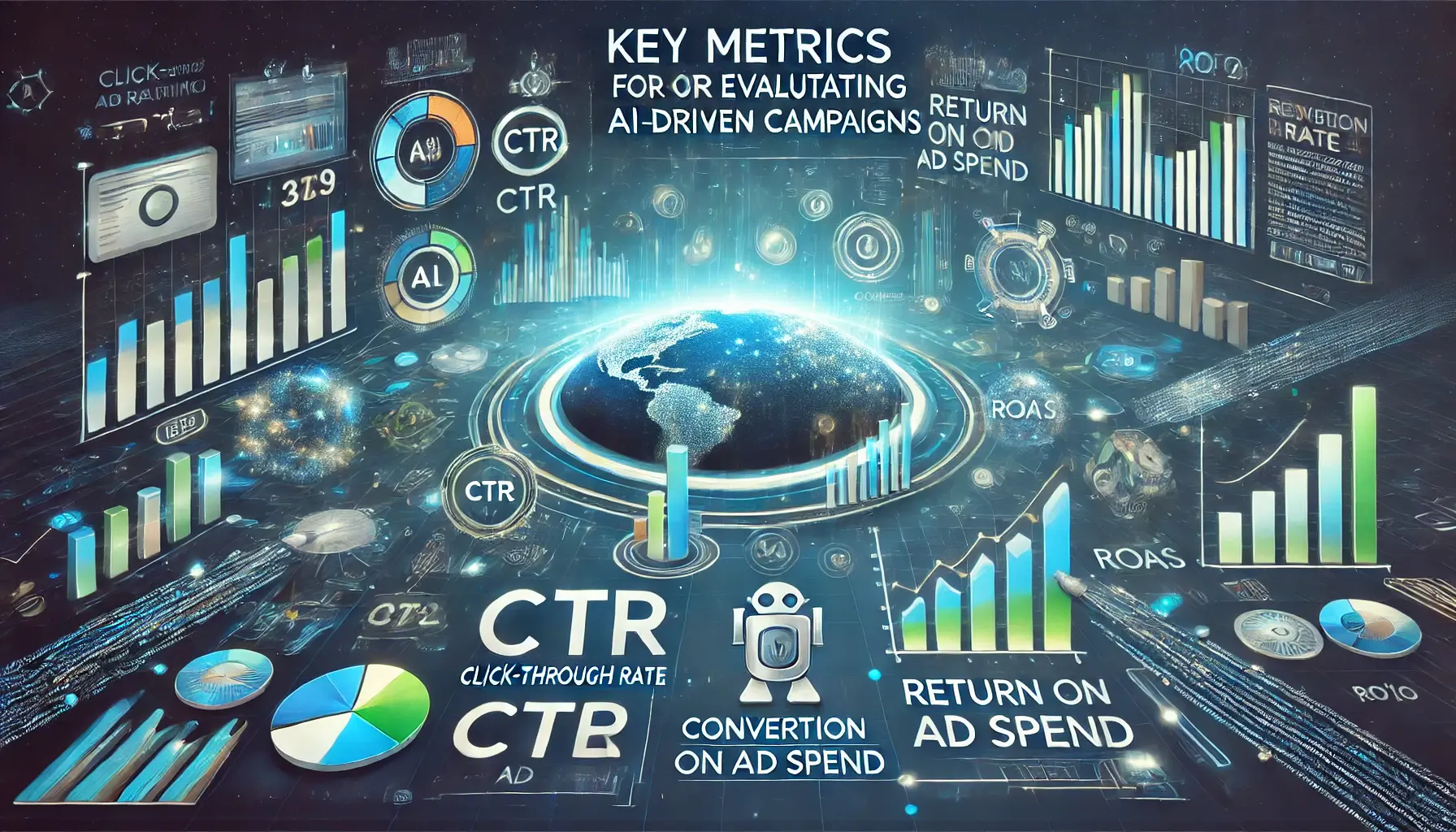 A visual representation of key advertising metrics like CTR, conversion rate, and ROAS, with data charts and graphs.