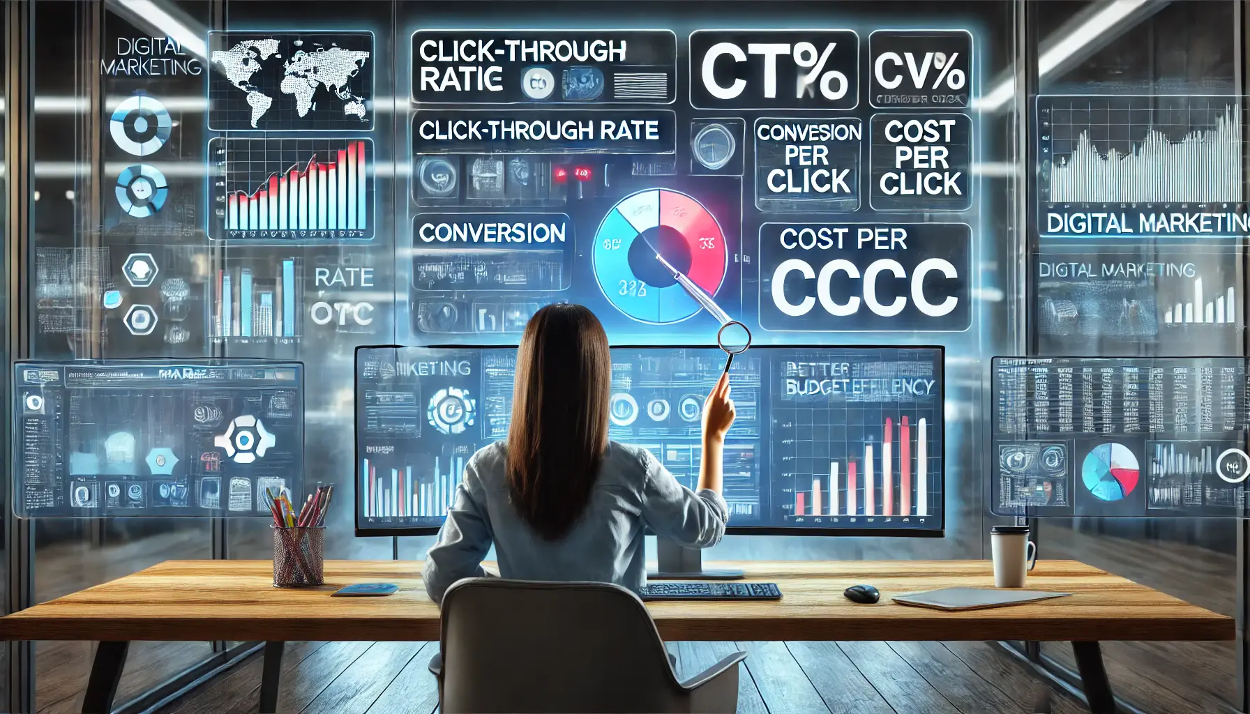 A digital marketing analyst reviewing key metrics like CTR, CVR, and CPC on multiple screens with data visualizations in a modern office setting.