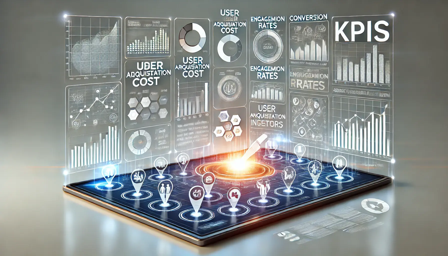 A digital concept showing multiple charts and graphs displaying key performance indicators (KPIs) for evaluating campaign success.