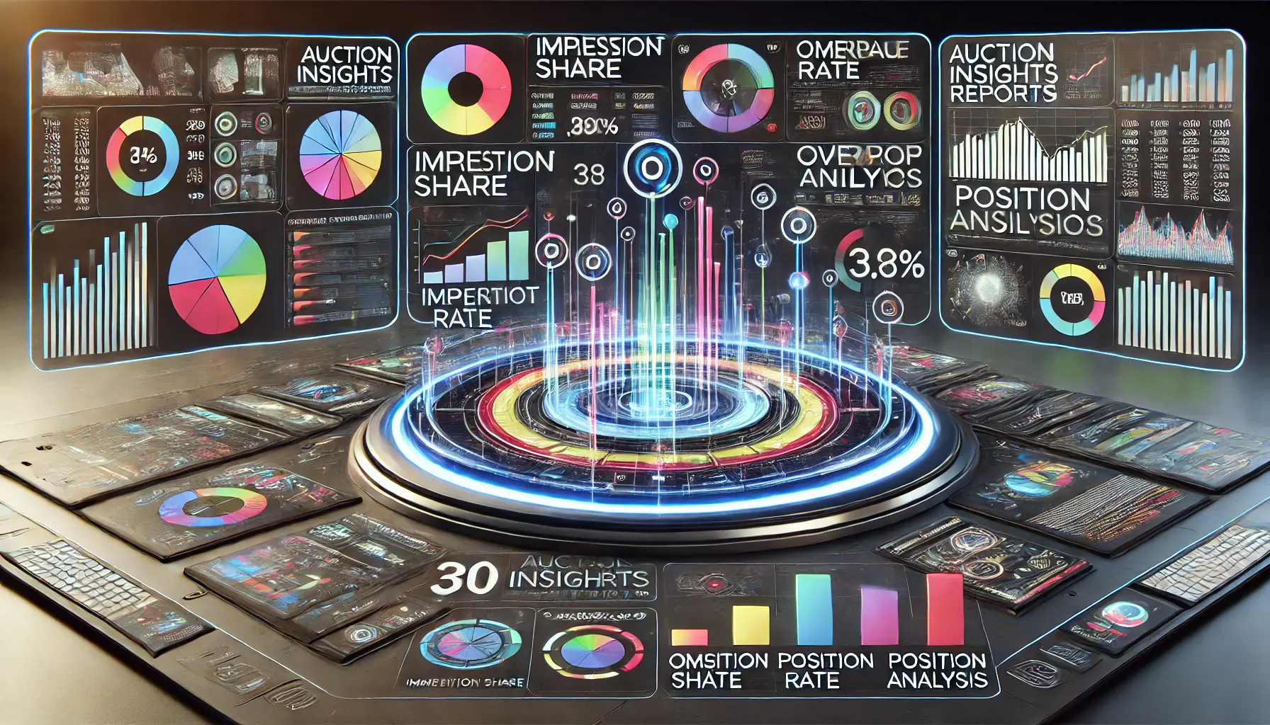 An interactive digital dashboard with colorful graphs and charts visualizing auction insight metrics.