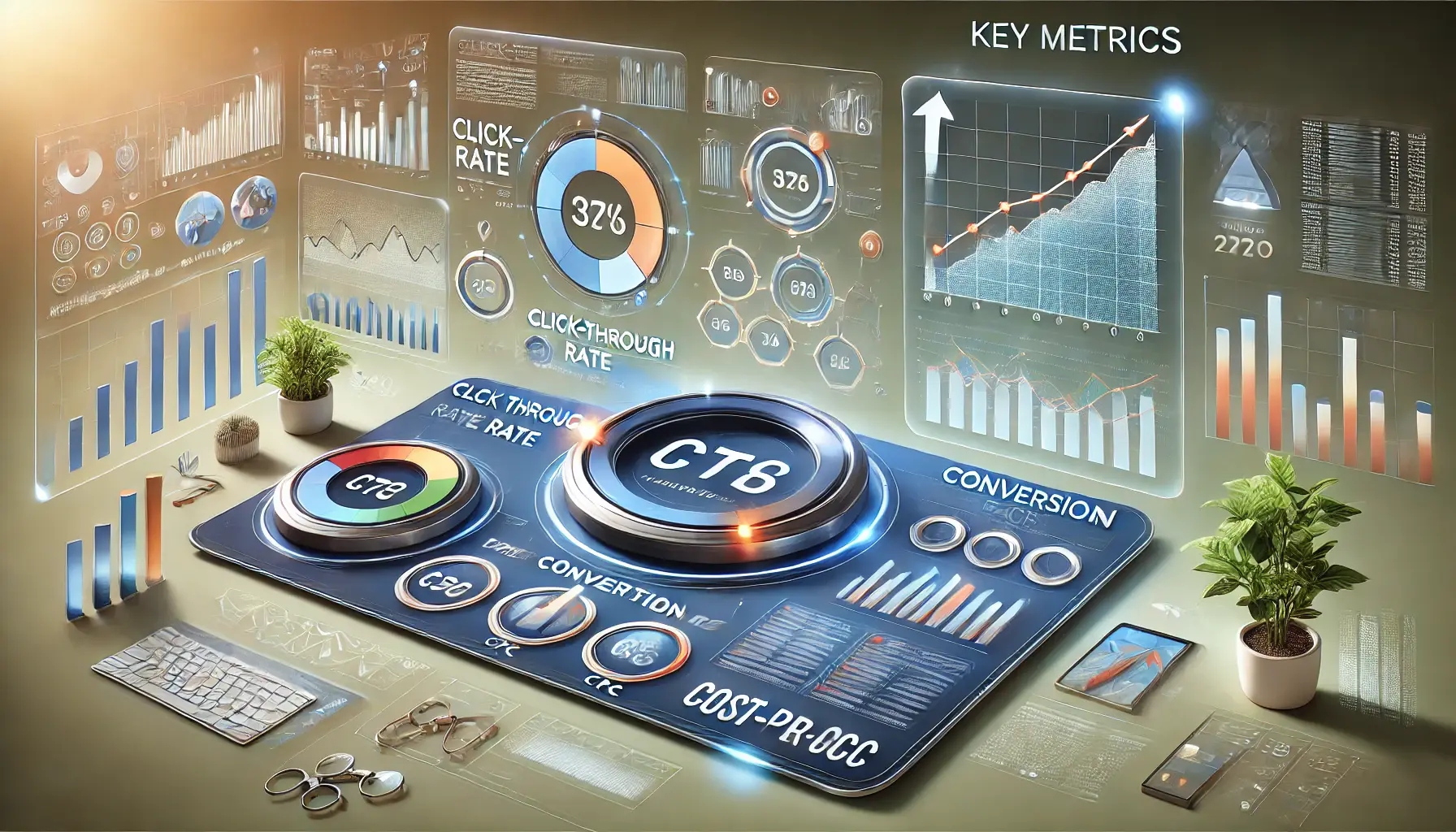 Illustration showing a dashboard with various key metrics like CTR, conversion rate, and CPC, displayed as graphs and charts.