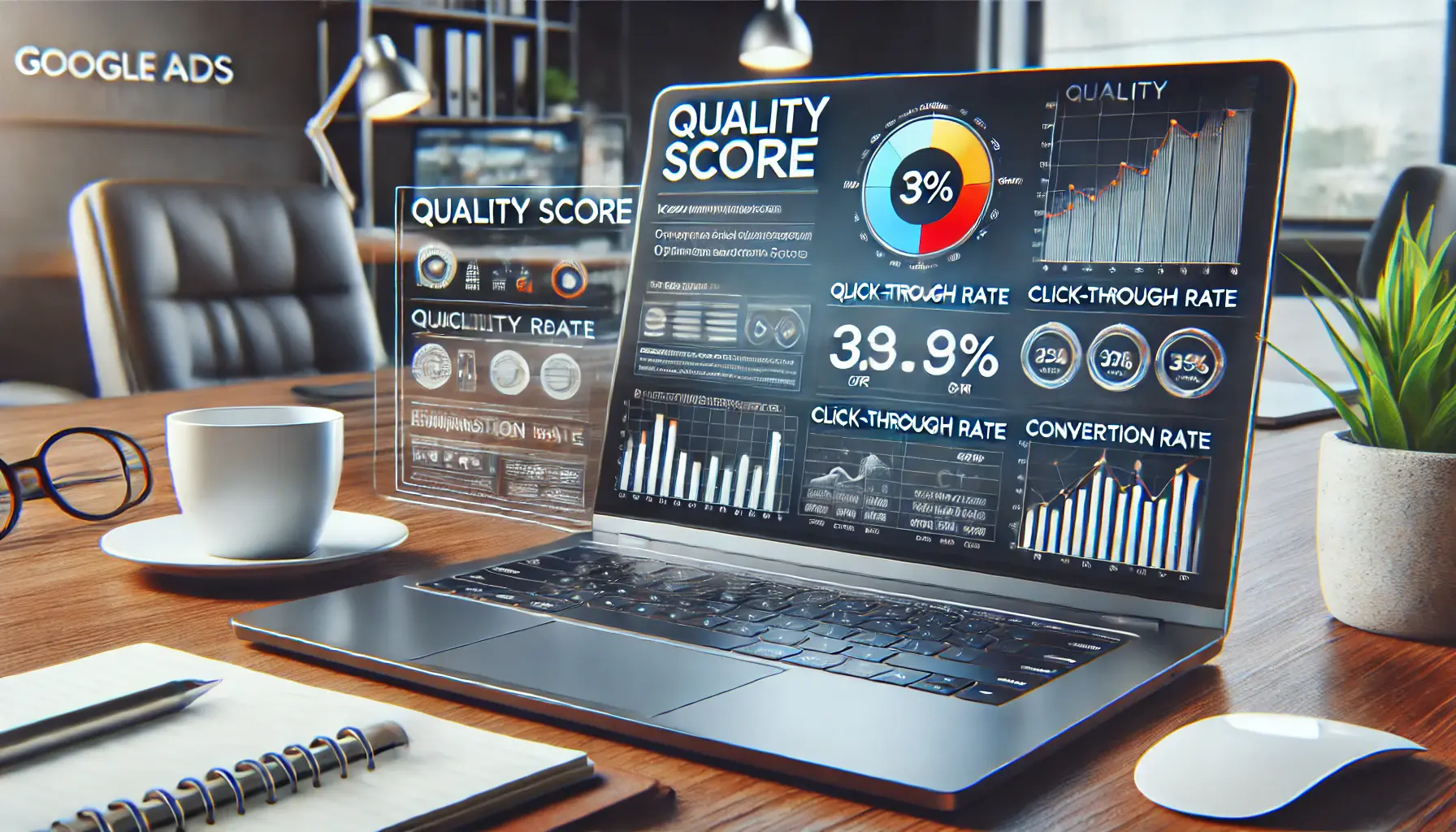 A close-up of a laptop screen displaying graphs for Quality Score, Click-Through Rate (CTR), and Conversion Rate, showing the key metrics that influence the Google Ads Optimization Score.