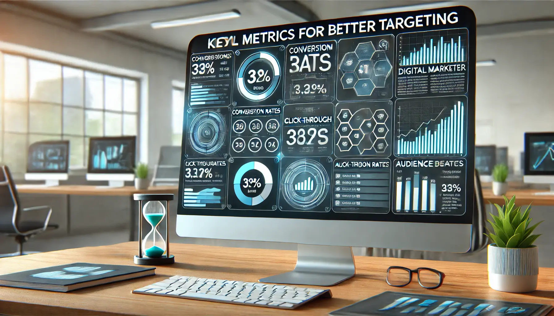 A digital marketer analyzing performance metrics like conversion rates and click-through rates on a computer screen in a modern office setting.