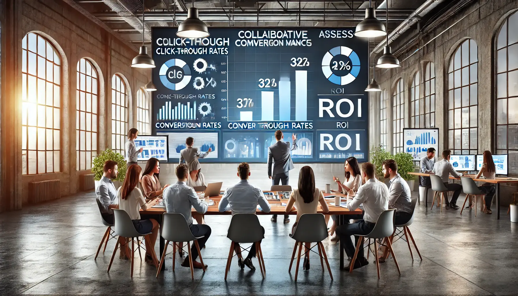 Marketers analyzing performance metrics such as click-through rates and ROI on a digital screen in a modern workspace.