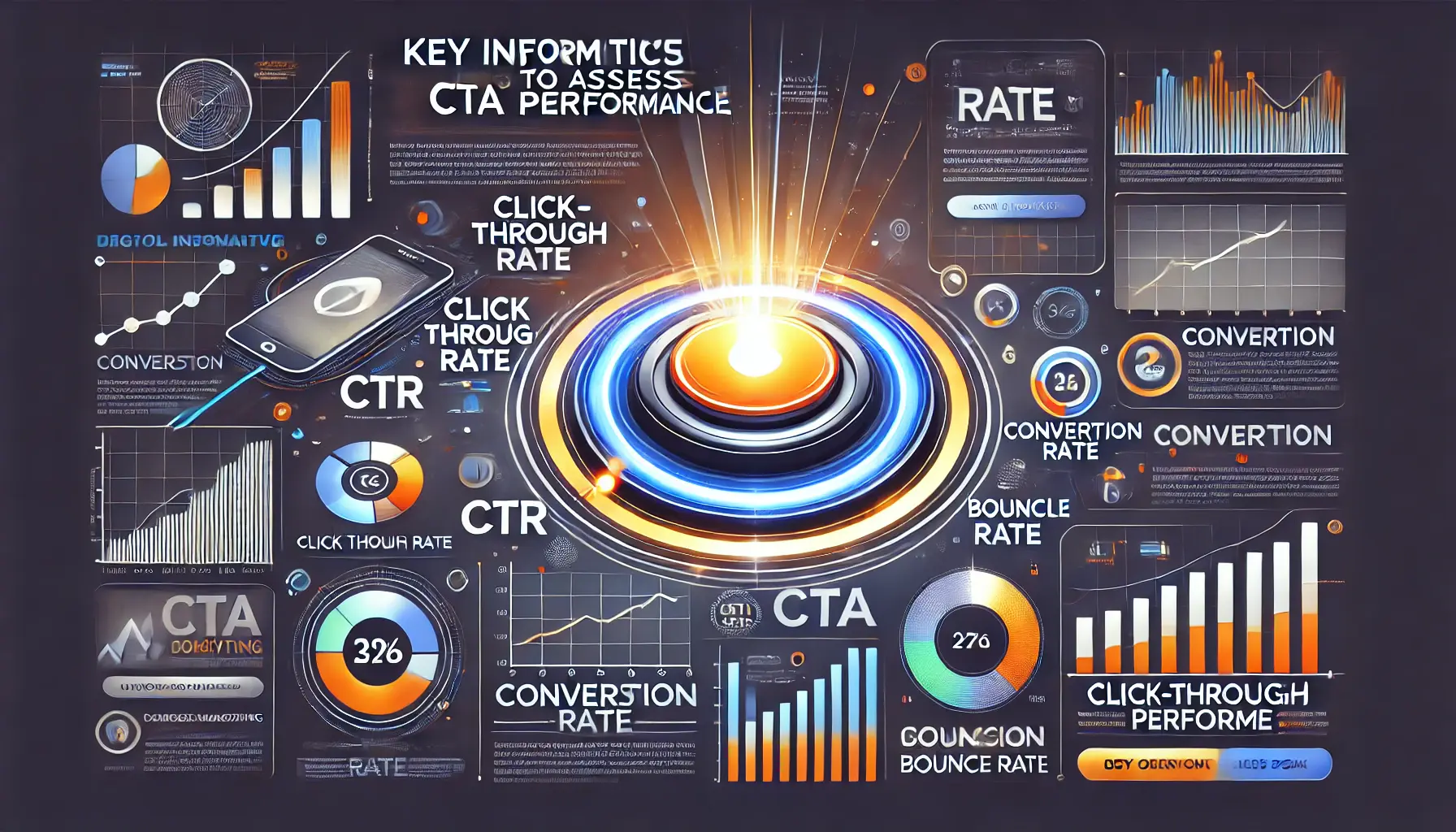 An image showcasing a glowing call-to-action button surrounded by graphical elements like bar graphs, pie charts, and line charts symbolizing CTA performance metrics.