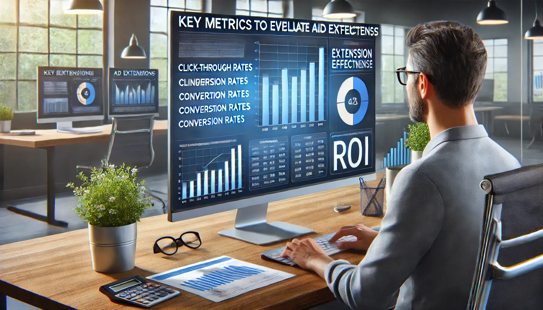 A digital marketing professional reviewing key performance indicators (KPIs) like click-through rates and conversion rates on a computer screen.