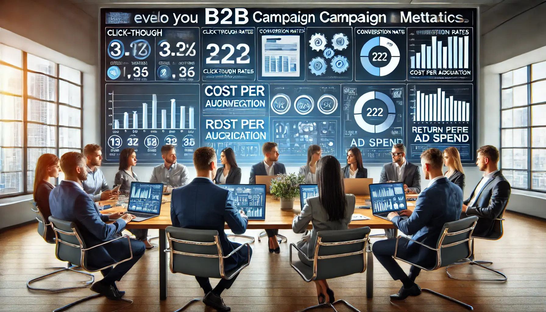 A team of marketers in a professional office setting reviewing key metrics on a large screen, analyzing campaign performance indicators like click-through rates and return on ad spend.