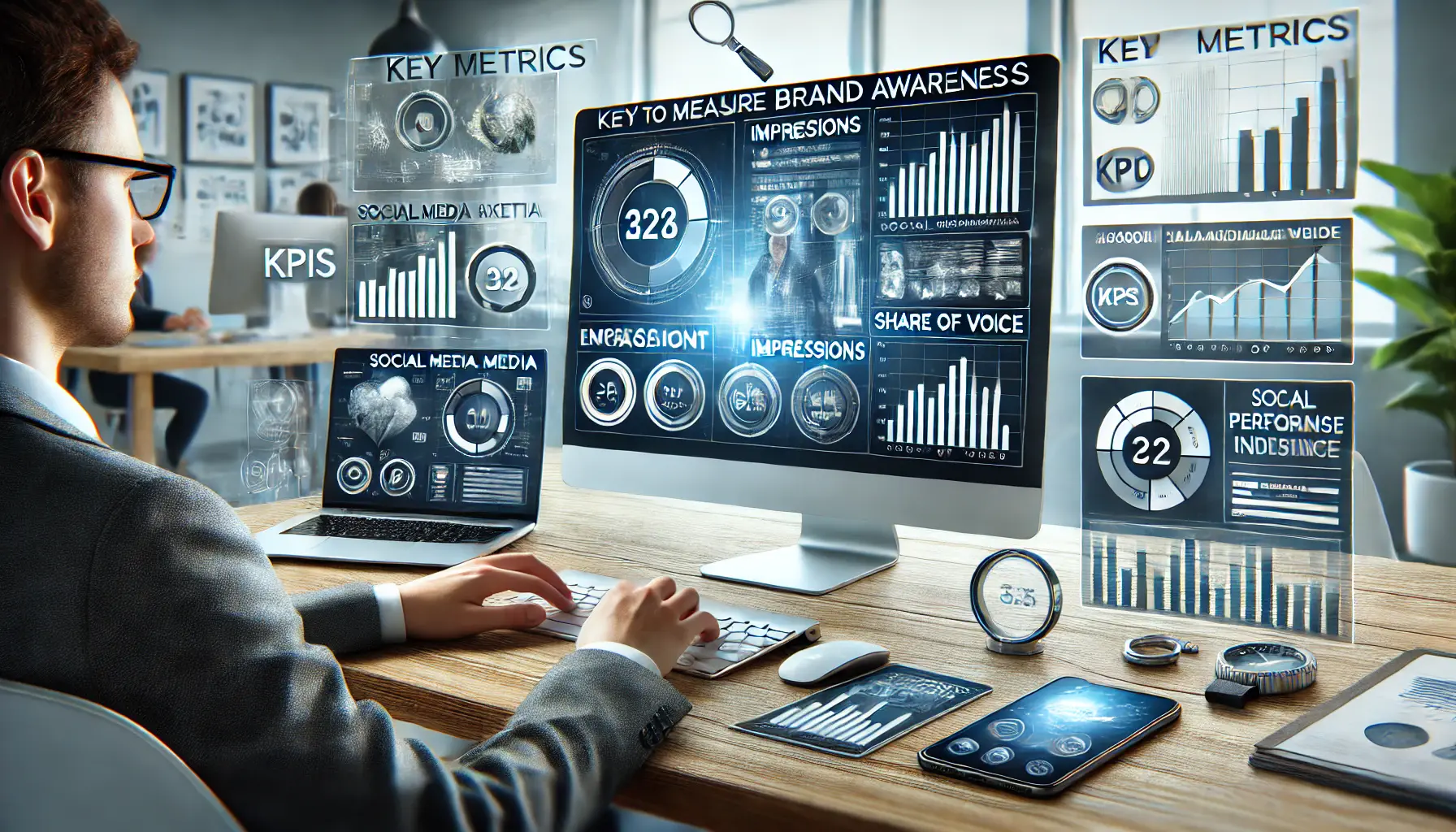 A digital marketer analyzing key metrics for brand awareness on a computer screen with performance analytics.