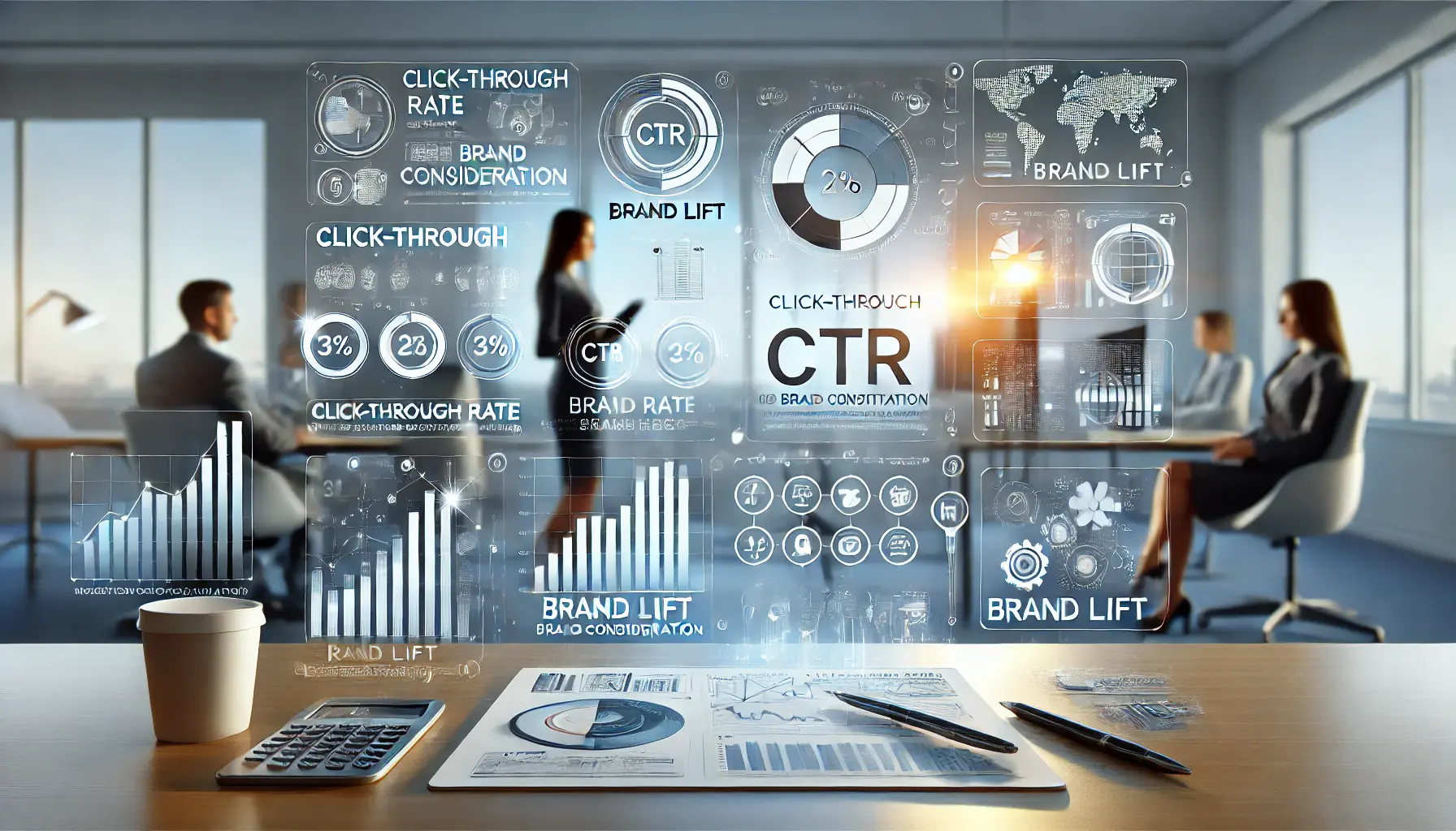 A visual representation of key metrics like click-through rate (CTR), brand lift, and conversion rate, symbolized by graphs and data points.