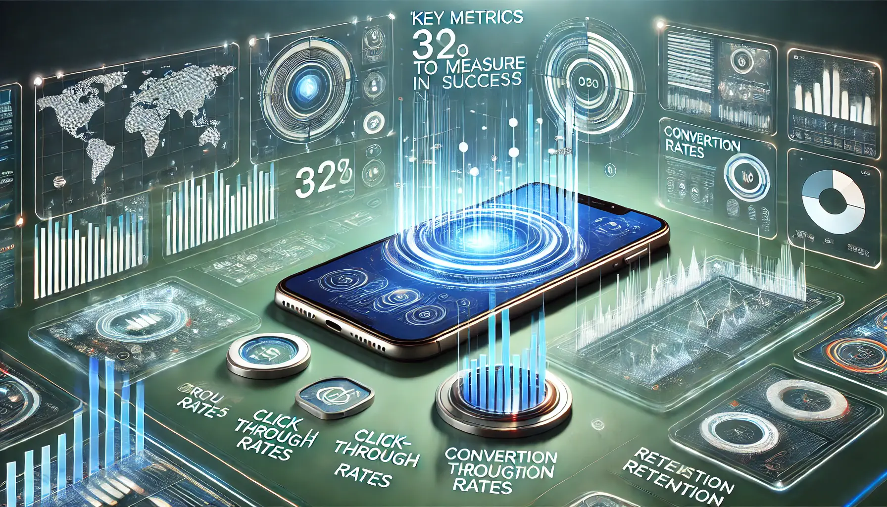 A futuristic dashboard showcasing data graphs, mobile devices, and abstract metrics icons, representing success measurement in mobile advertising.