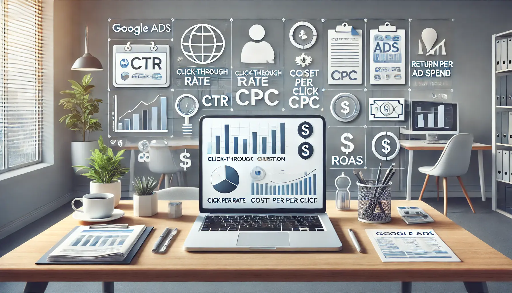 A digital workspace showing a laptop with performance metrics like CTR, CPC, and ROAS displayed in graphical formats with icons representing each metric.