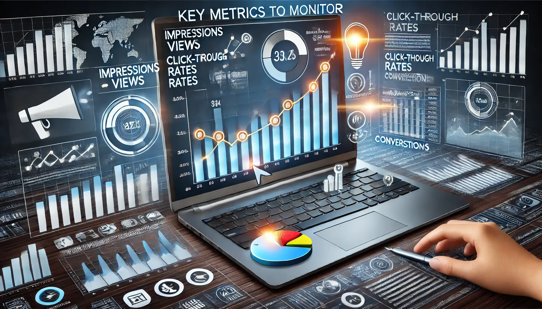 A computer screen displaying graphs and icons representing key metrics like impressions, views, click-through rates, and conversions.