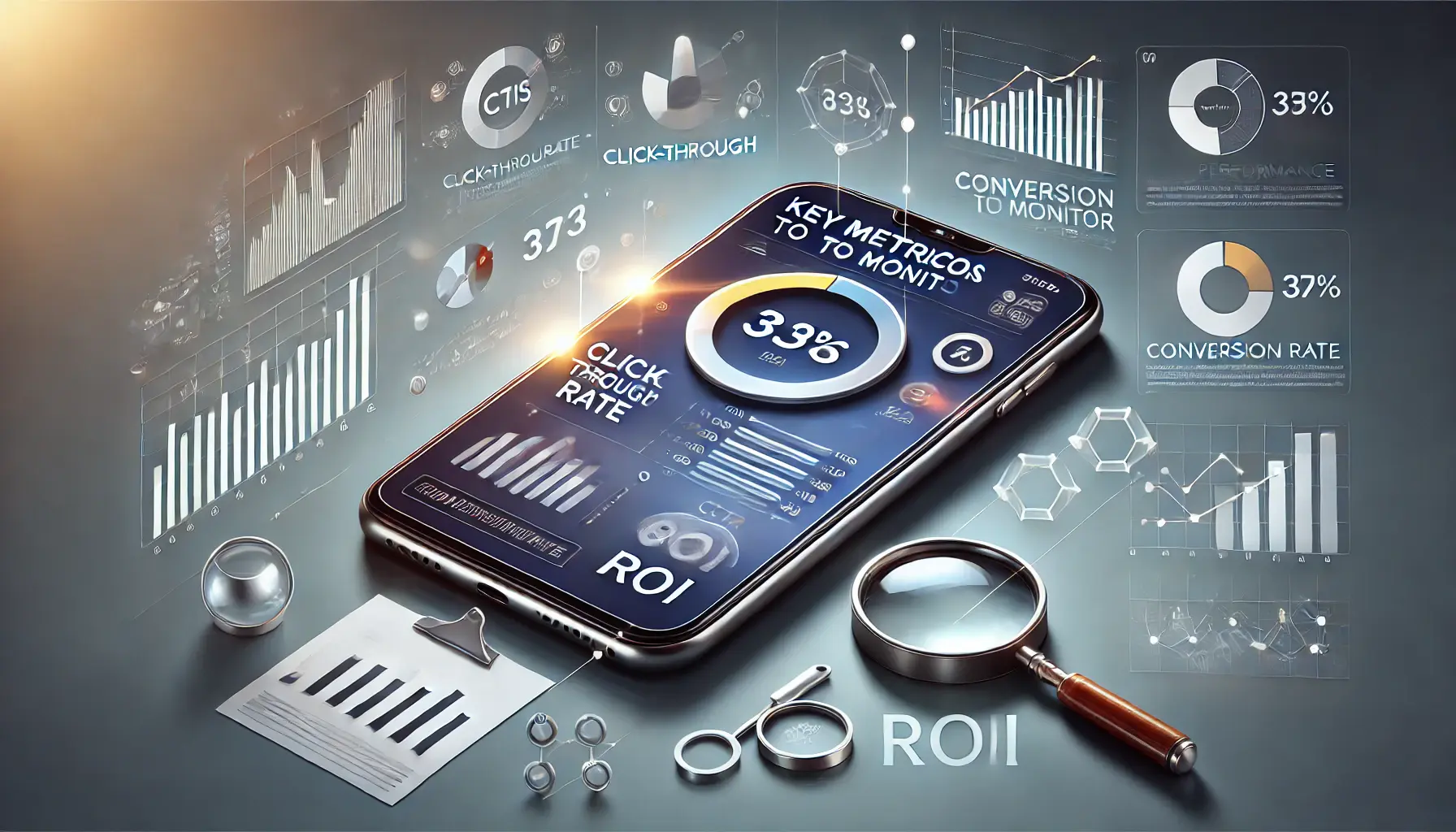 A smartphone displaying an analytics dashboard with metrics like CTR, conversion rate, and ROI, surrounded by data analysis icons.