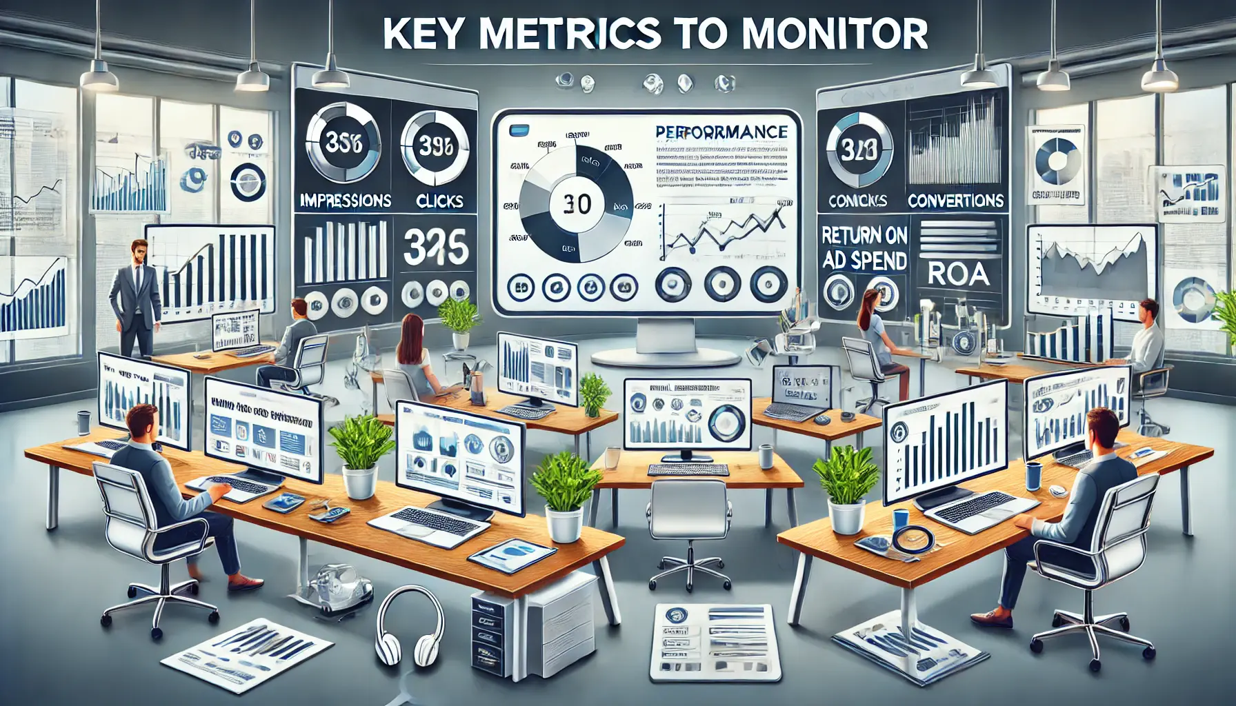 A digital illustration of a modern digital marketing workspace with multiple monitors displaying performance metrics like impressions, clicks, conversions, and ROAS, along with graphs and charts.